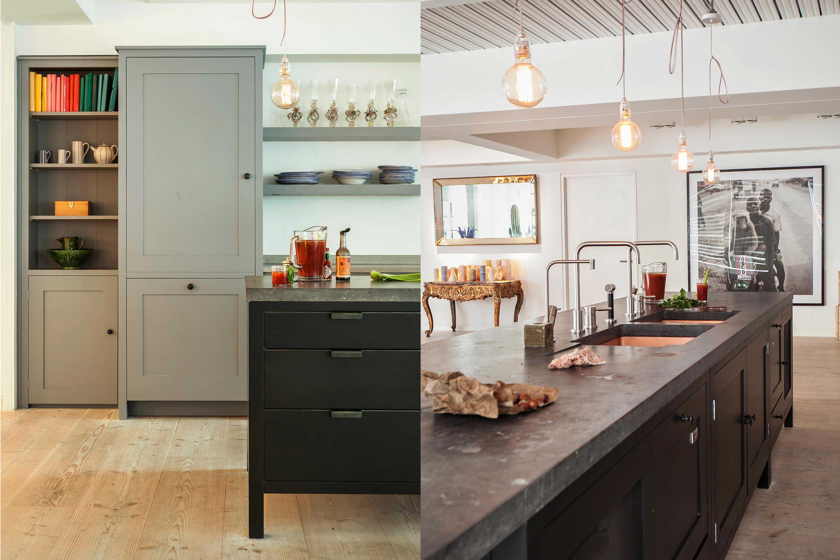  Dual view of Industrial-style kitchen with sleek taps, pale grey cupboards, and floating shelves.