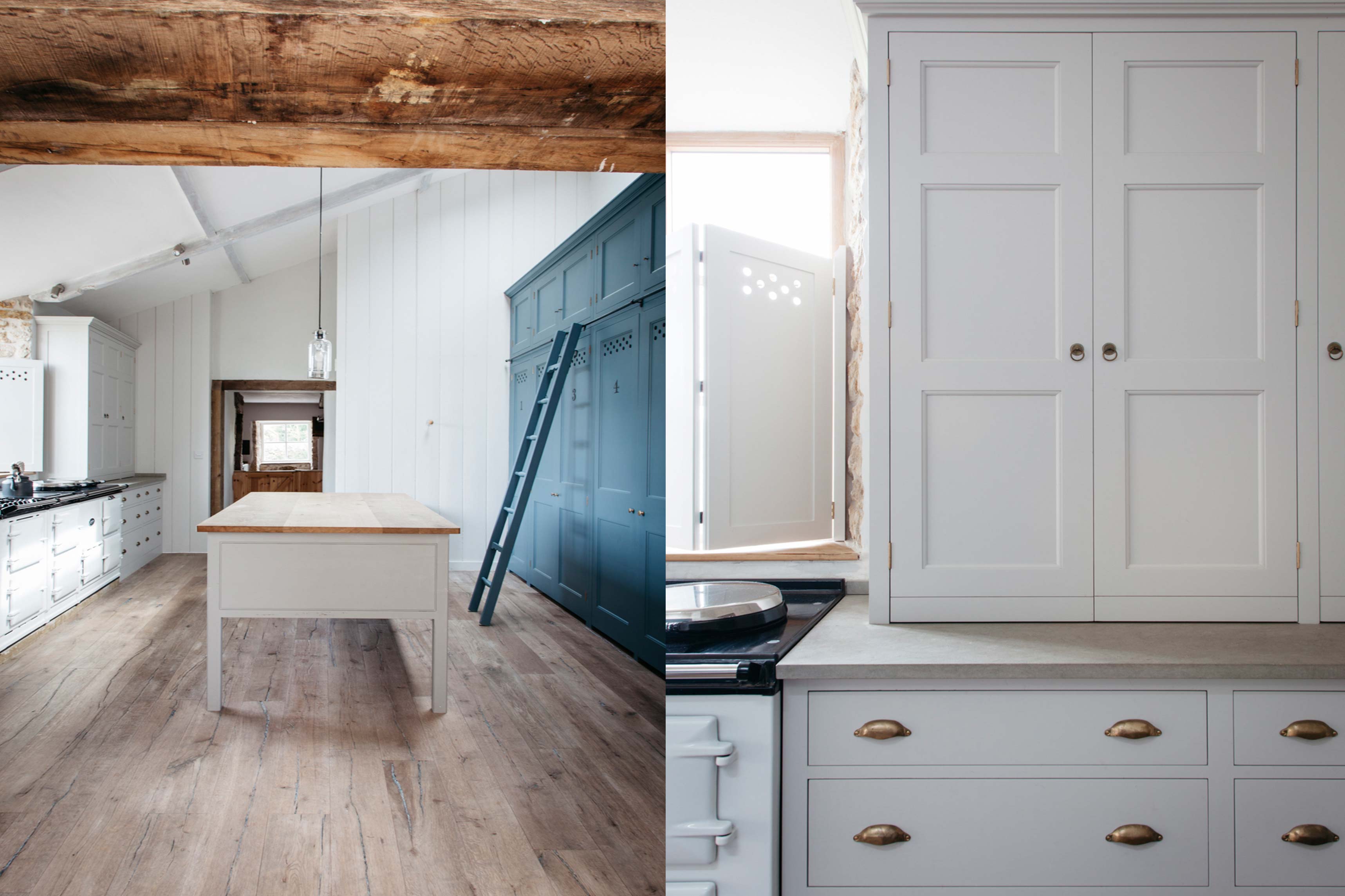  Dual view of white Spitalfields cupboards and light blue cupboard with ladder