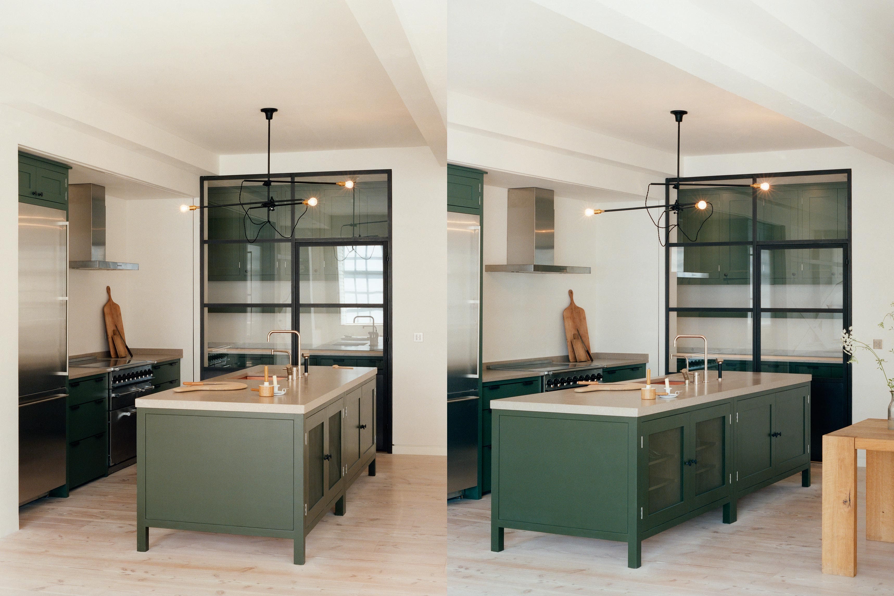  Modern kitchen with Army Camp green cabinetry, a central island, glass-paneled doors, and light wood floors.