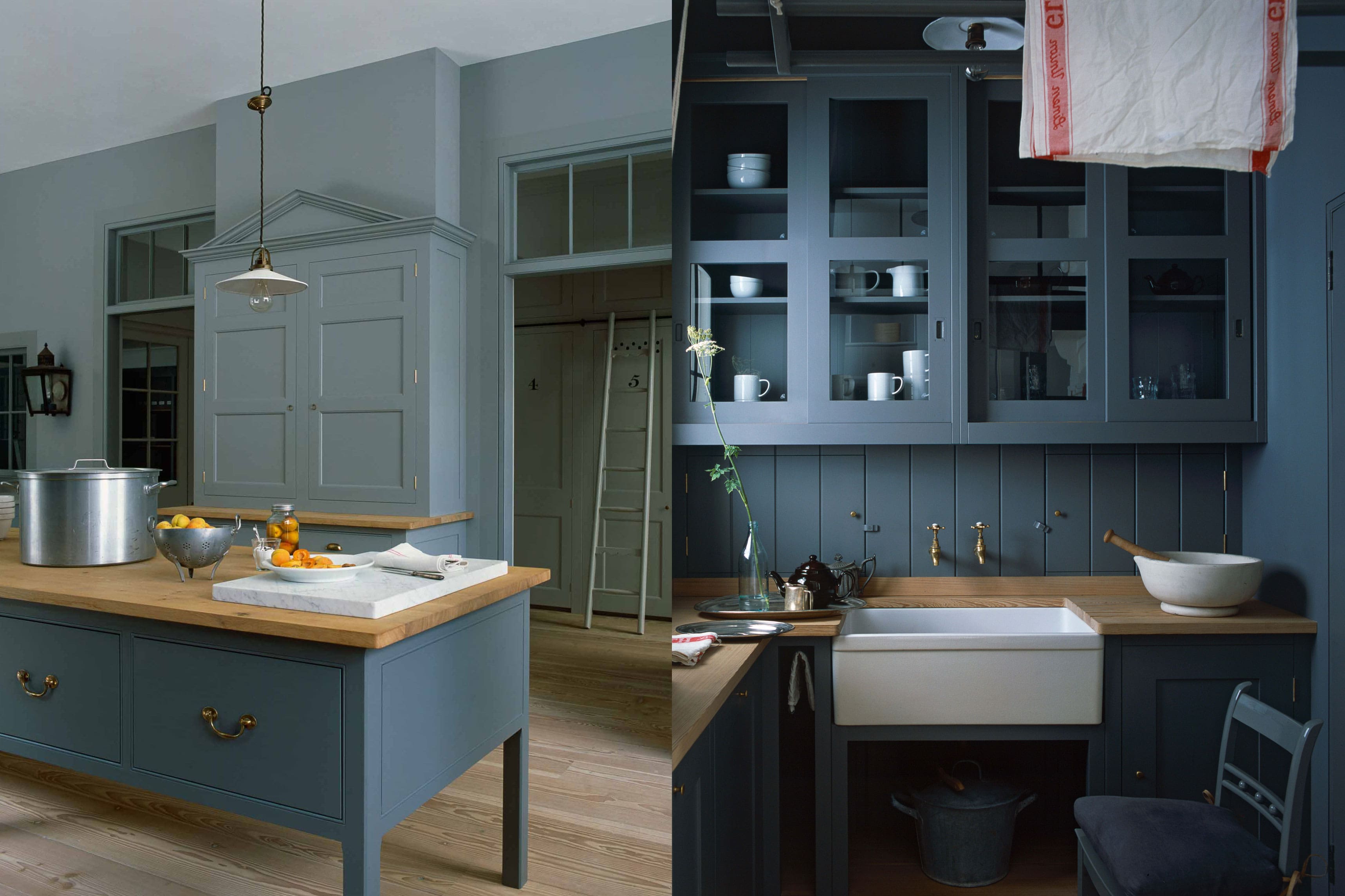  Dual view of kitchen with pediment cupboard, oak worktable and scullery area with blue cabintry and farmhouse sink.