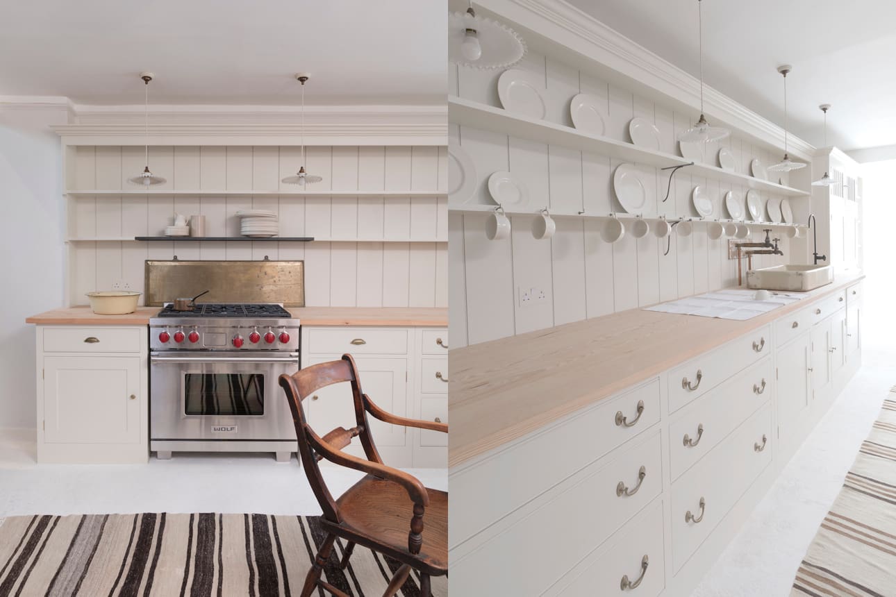  Cream kitchen with Wilkes doors, open dresser, and reclaimed pitch pine countertops