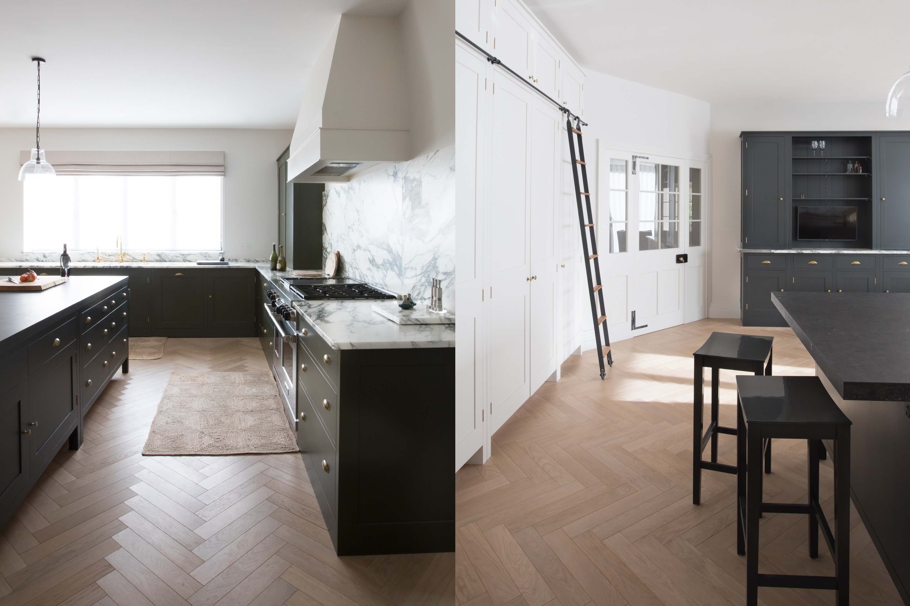  Classic kitchen design with wood floors, green cabinets, and white cupboards with sliding ladder