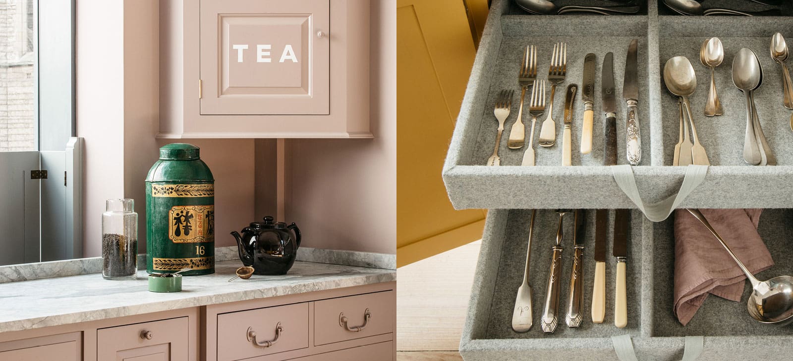  Dual view of Pink 'TEA' cabinet above marble countertop with green tea tin and open drawer of organized vintage cutlery