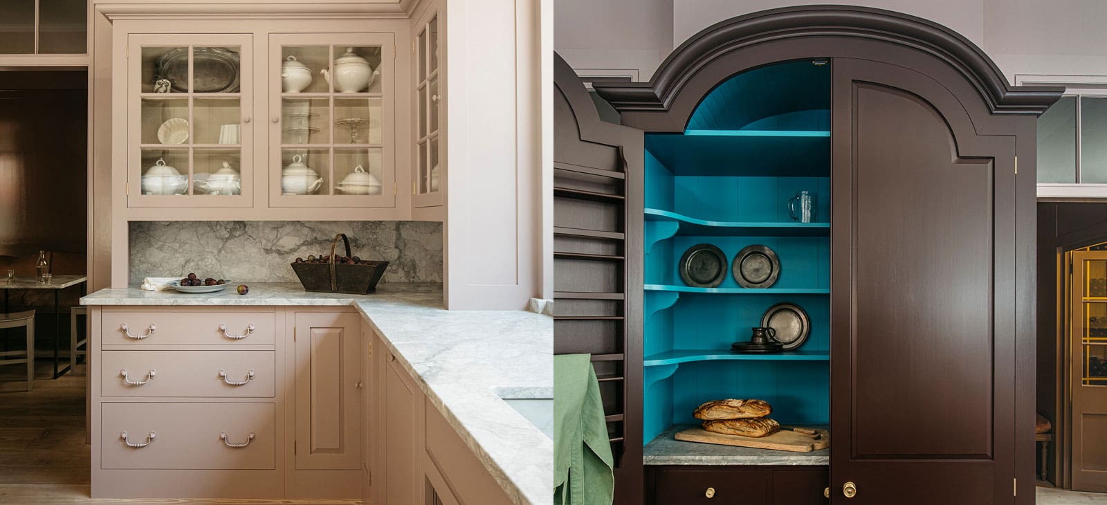  Dual view of soft pink cabinets with white dishware and plums, paired with a dark wood cabinet showcasing a turquoise interior with plates and bread.