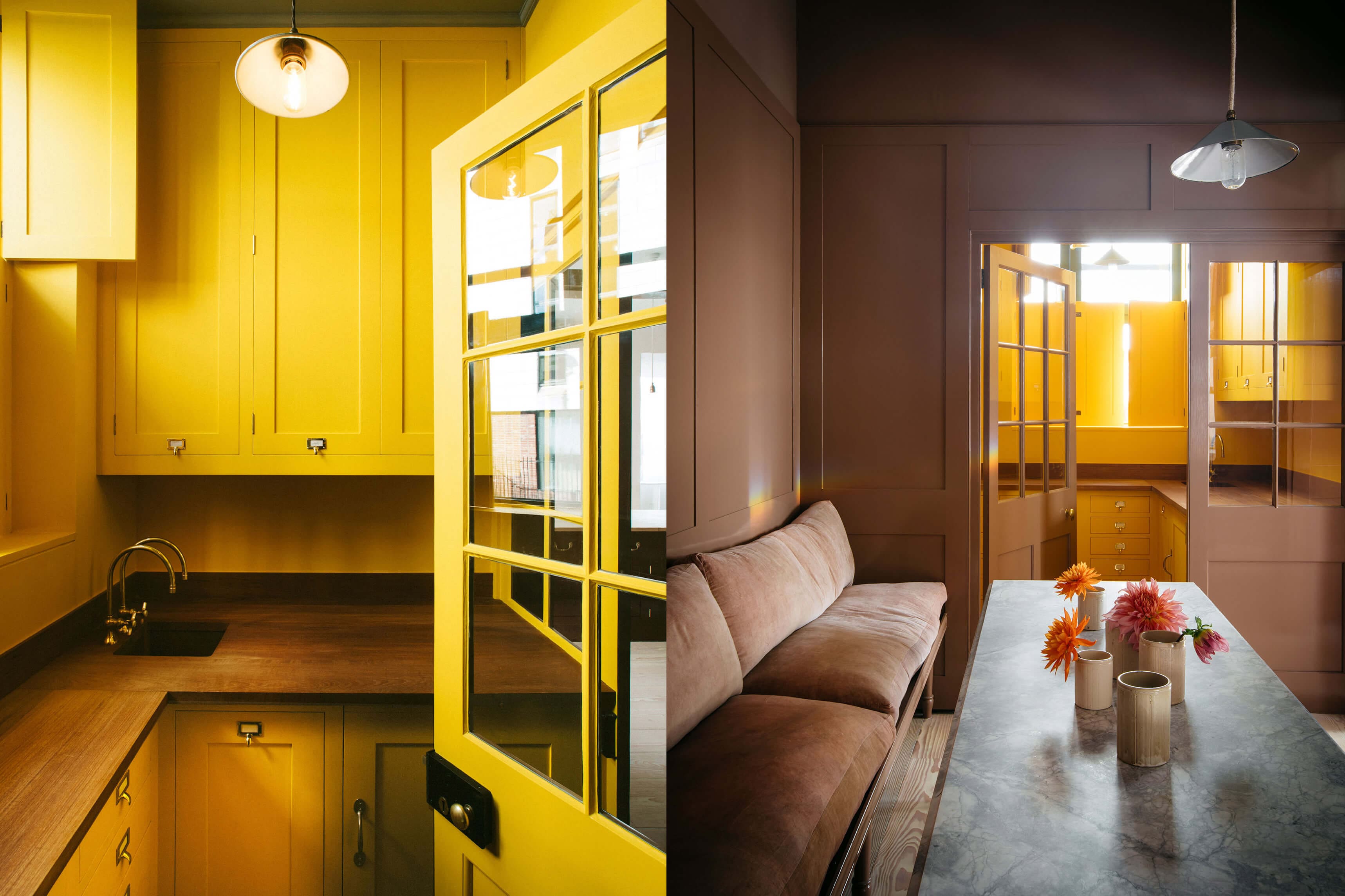  Bright yellow kitchen cabinets with wood countertops, leading to a cozy brown seating area with a marble table and flowers