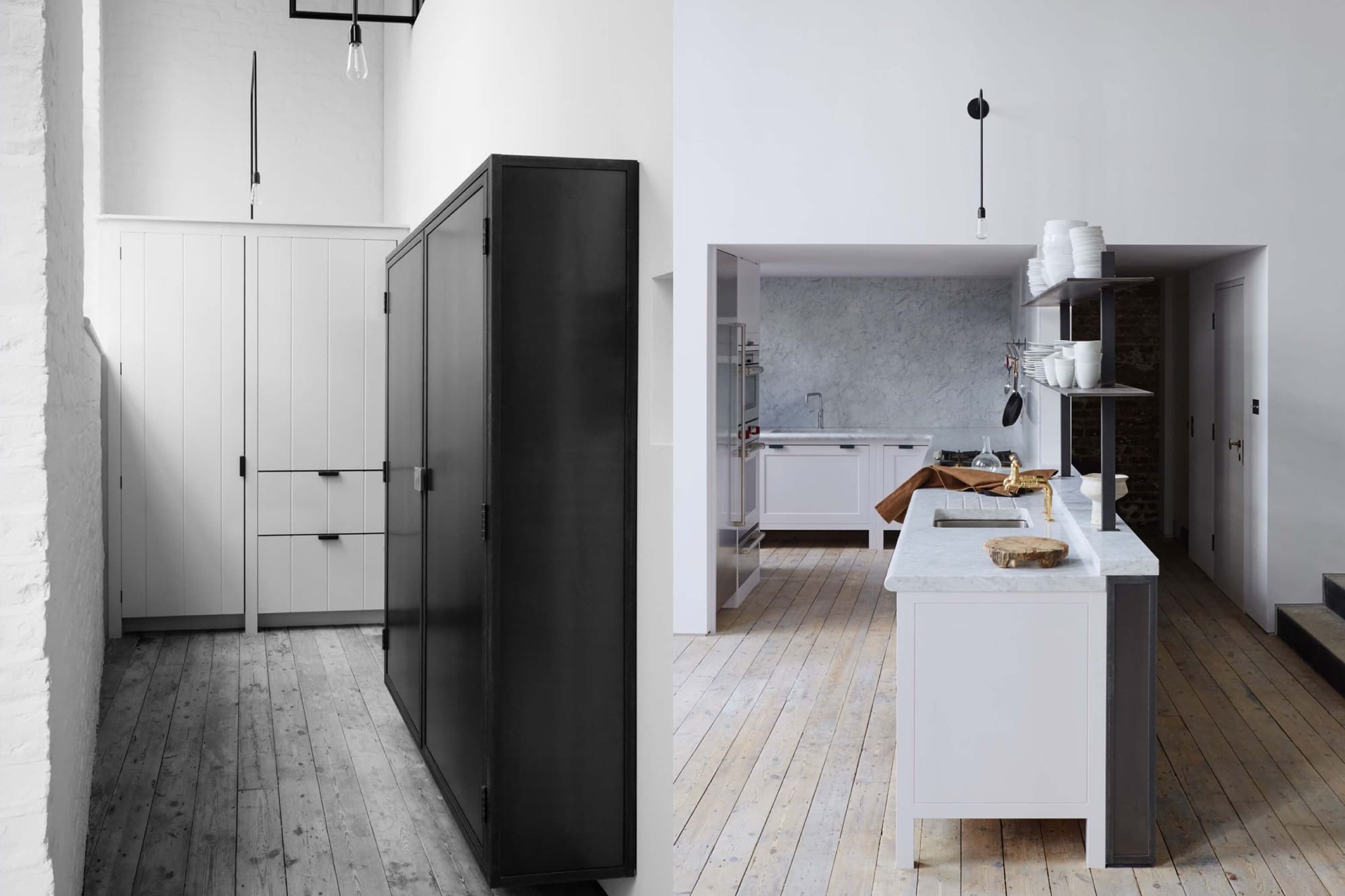  Dual view of open space white marble-clad kitchen and black cupboard