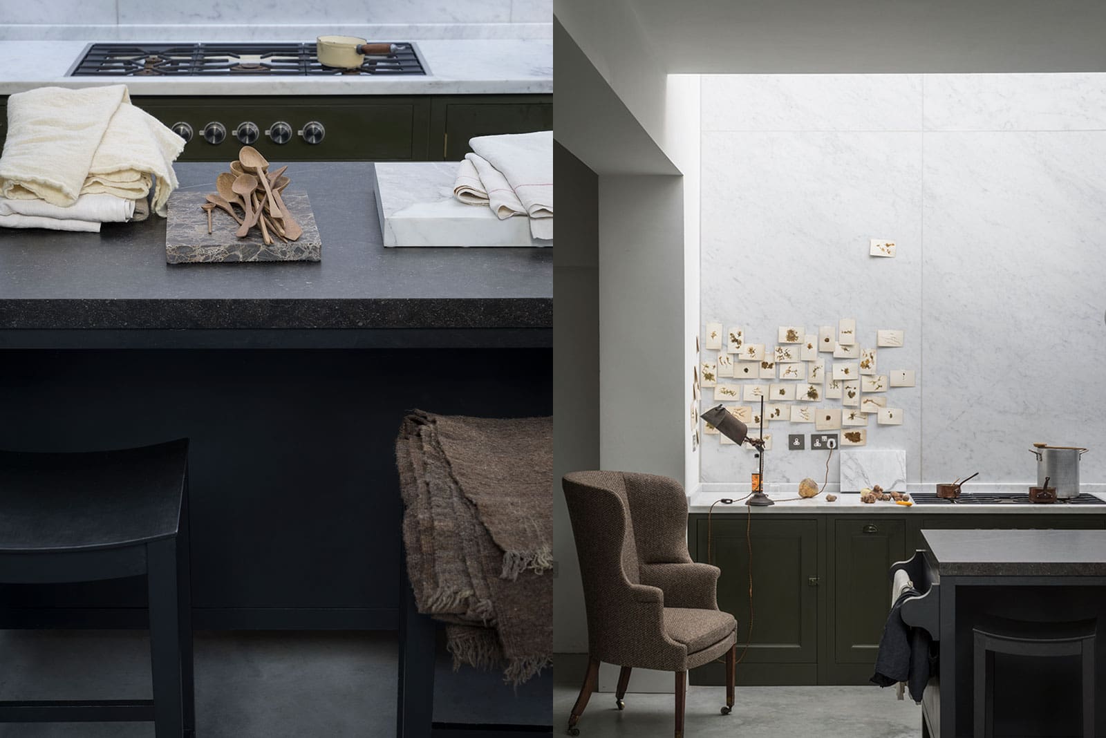  Bespoke Army Camp-painted Spitalfields cupboards with fossil stone worktops.