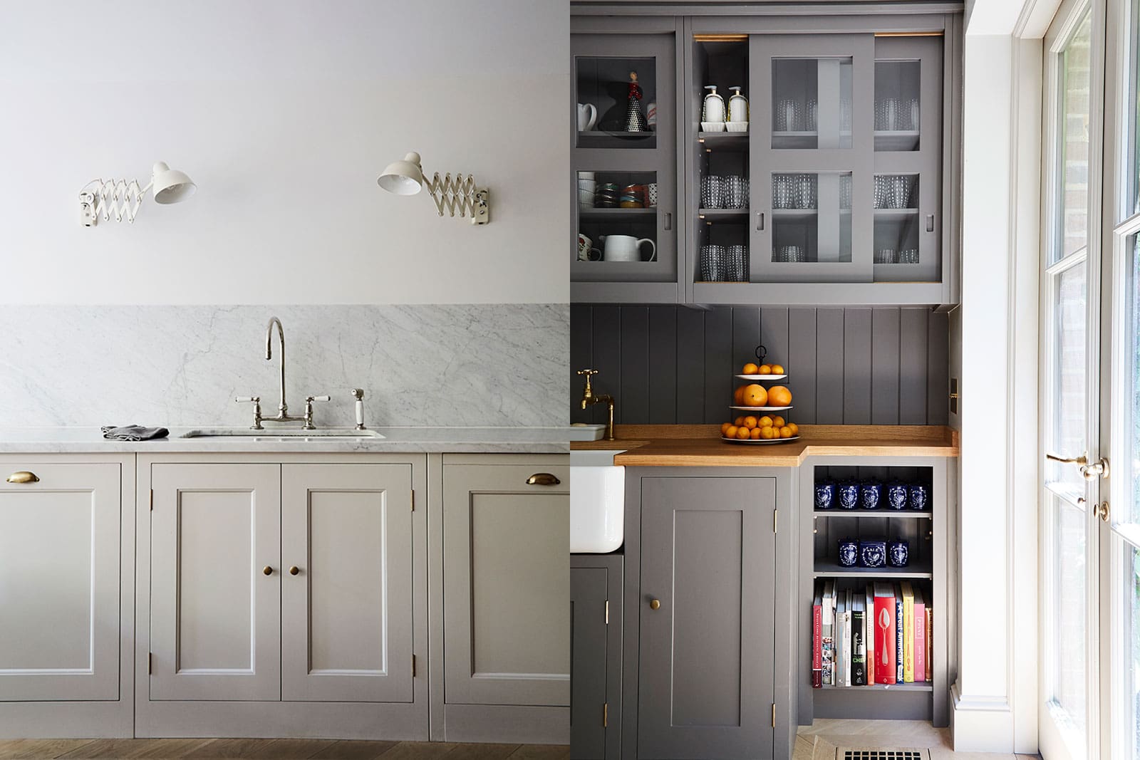  Dual view of kitchen with honed Carrara marble backsplace, pale Spitalfields cupboards, wall-mounted lamps and Wilkes glass-front cabinets.