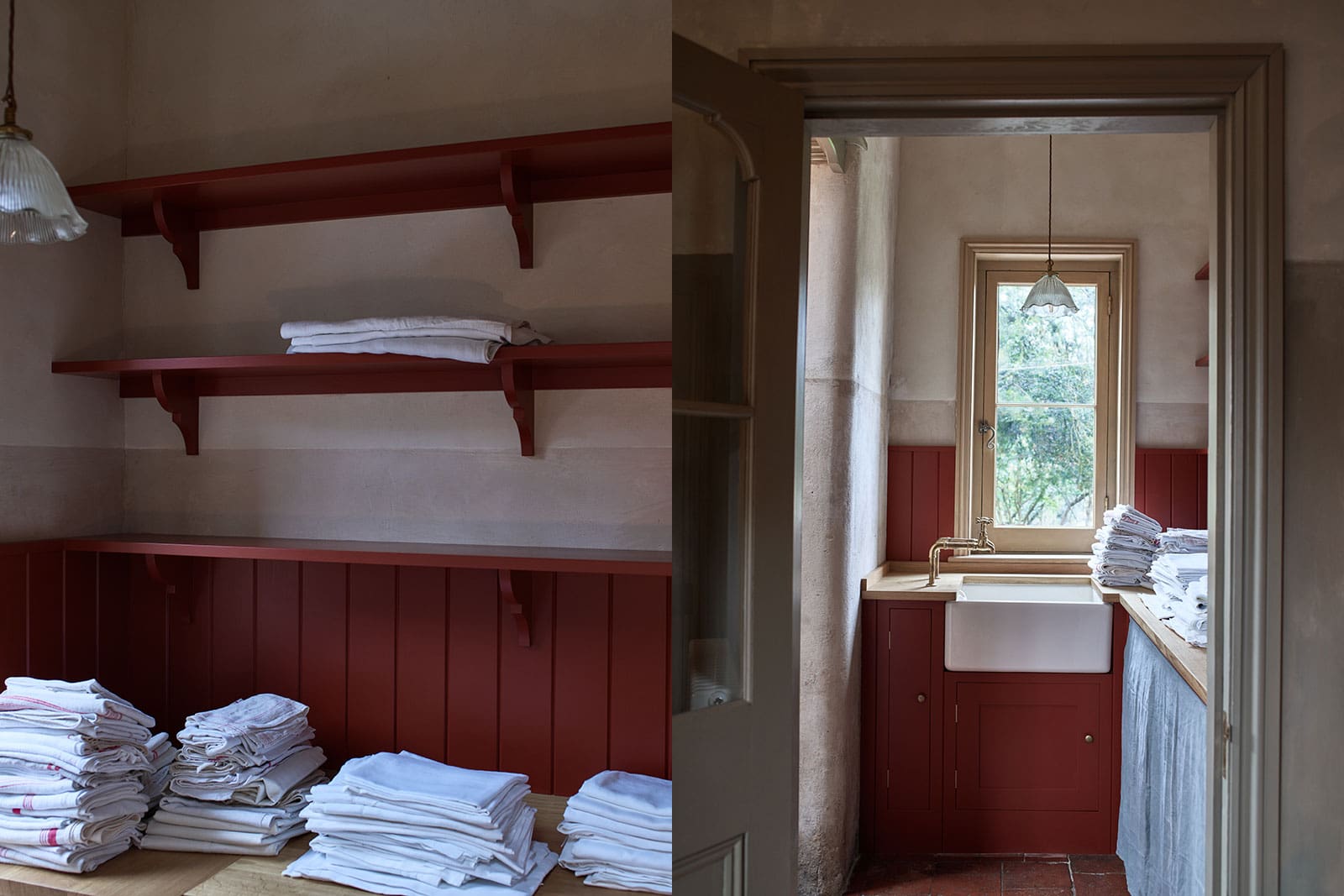  Dual view of folded linen on red shevling and farmhouse sink with red cabinetry.