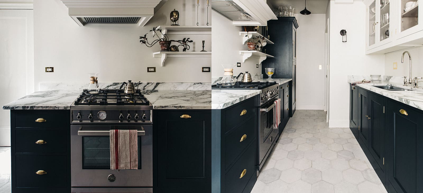  Dual view of hand painted Farrow & Ball’s ‘Railings’ kitchen with detailed marble
