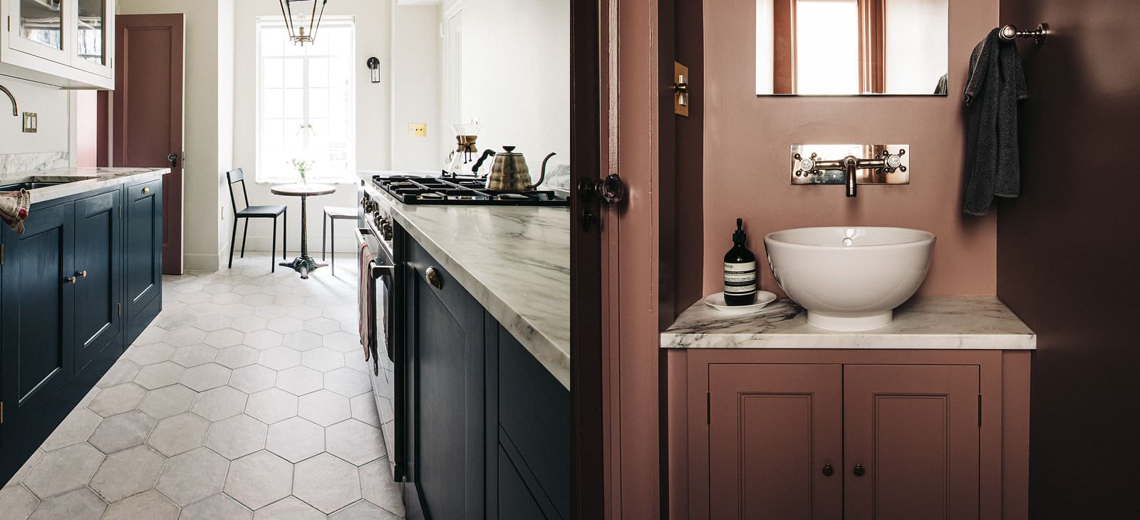  Greenwich Village Apartment kitchen design with soft grey cabinetry, a marble countertop, and gold hardware details, creating a sophisticated and custom look by Plain English.