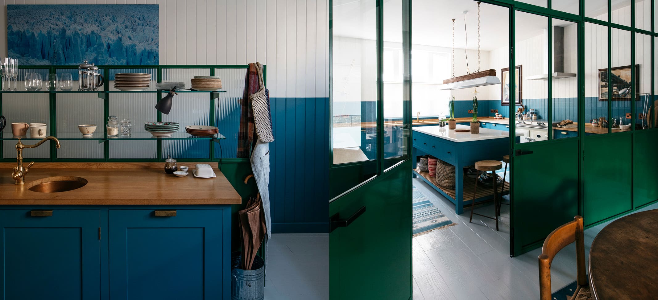  Dual image of mid-blue kitchen with natural wood counters and green room divider
