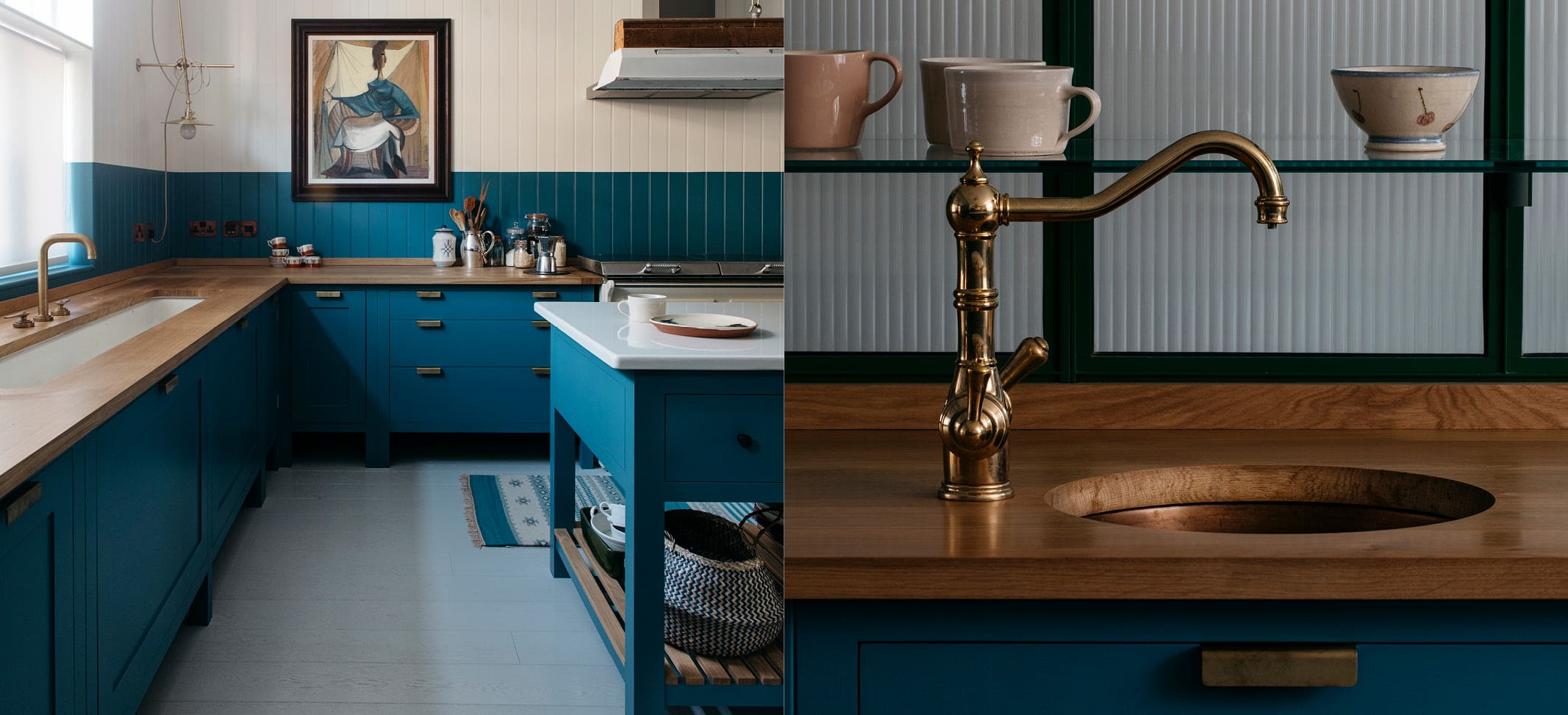  Dual Image of Mid-Blue cabinets with natural wood countertops and brass kitchen faucet