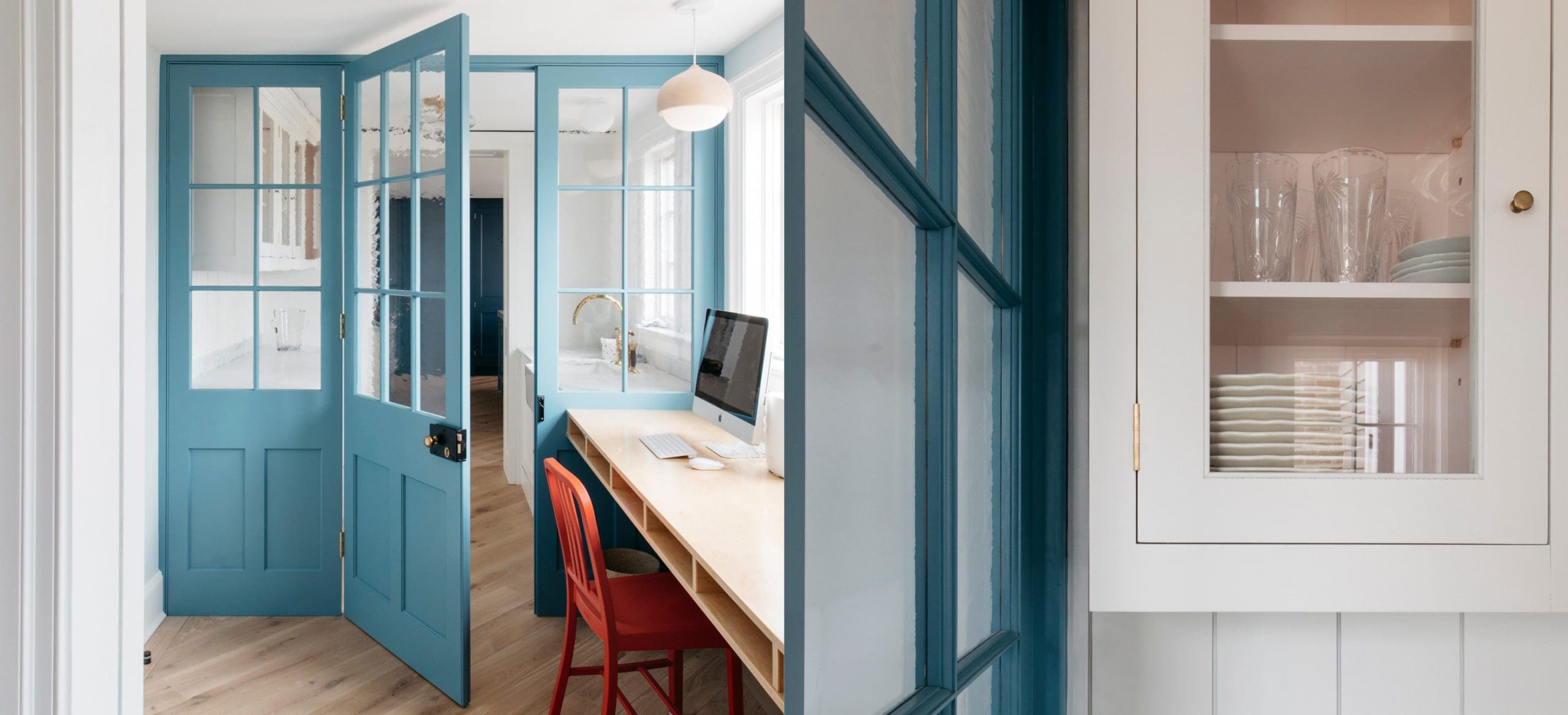 Dual view of a kitchen with turquoise glazed doors leading to a desk space and a white cabinet with glass panels.