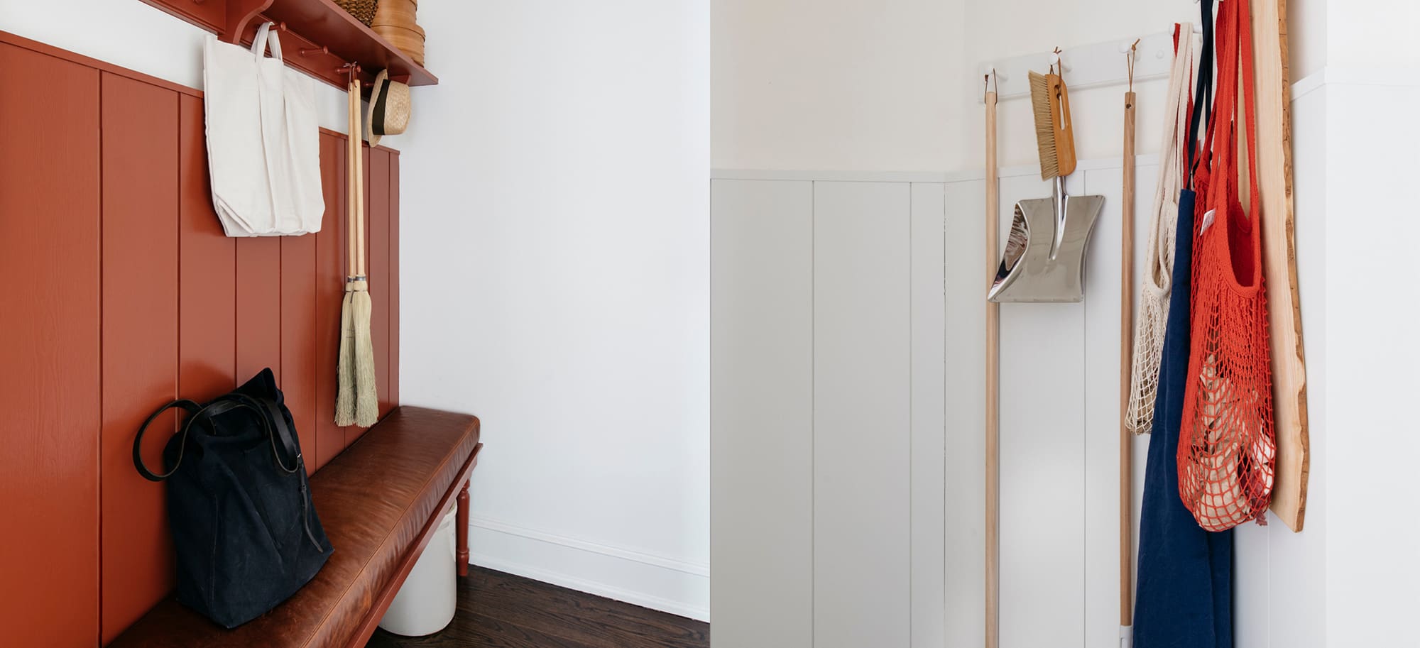  Dual view of a red paneled mudroom with bench seating and hooks for storage, and a white wall featuring utility hooks.