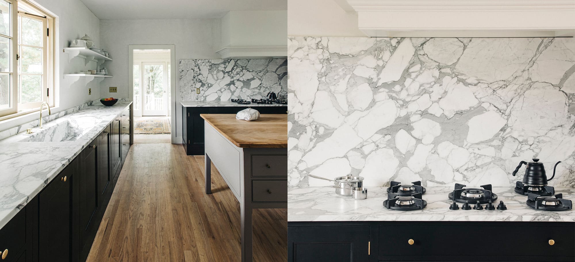  Dual picture of stone kitchen with white marble counter tops