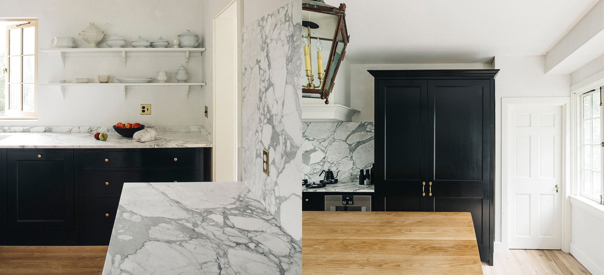  Dual picture of bespoke stone kitchen with white marble counter tops and black cupboard designed by Plain English