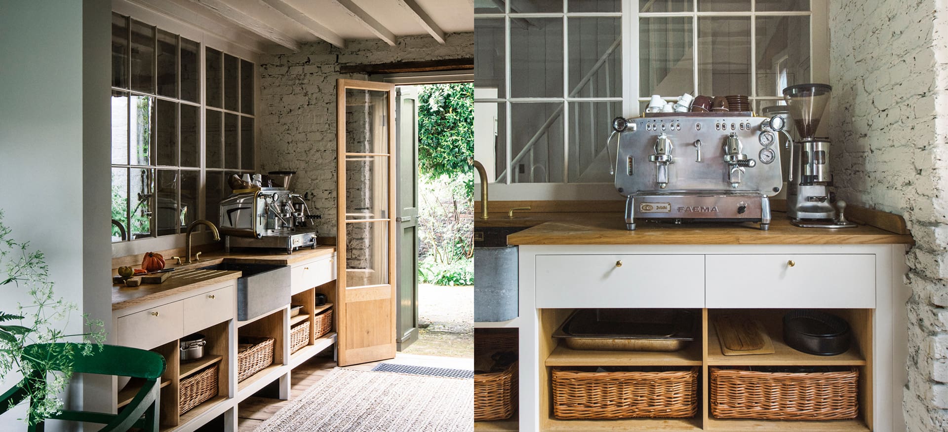  Impressive coffee-making station with hand-woven willow baskets holding important accoutrements
