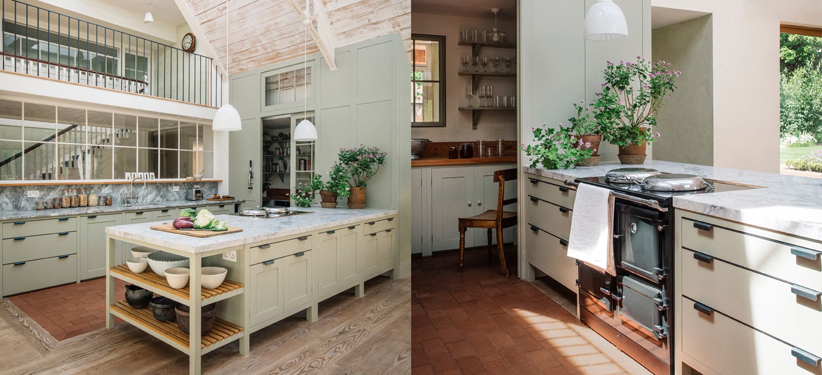  Dual view of kitchen with French gray cabinets, marble countertops, and center island pared with terracotta flooring, potted plants and an antique stove.