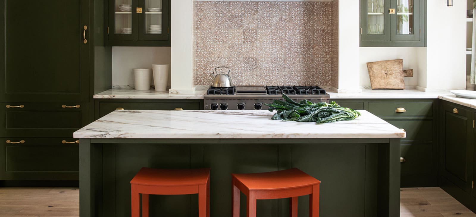  Plain English Designed Kitchen with Army Camp Coloured Cabinets and White Marble Island