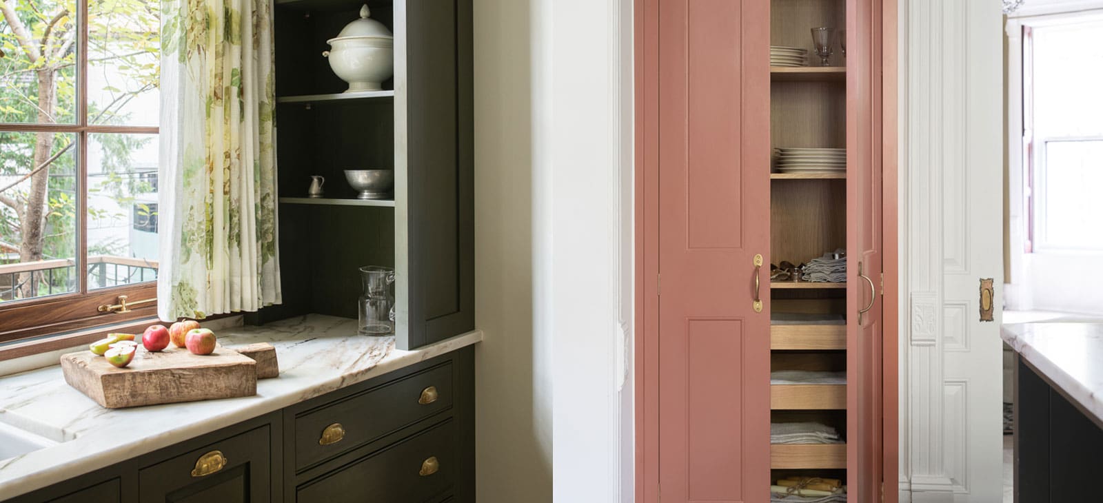  Army Camp Coloured Kitchen Drawers with Light Red Pantry Doors Slightly Ajar