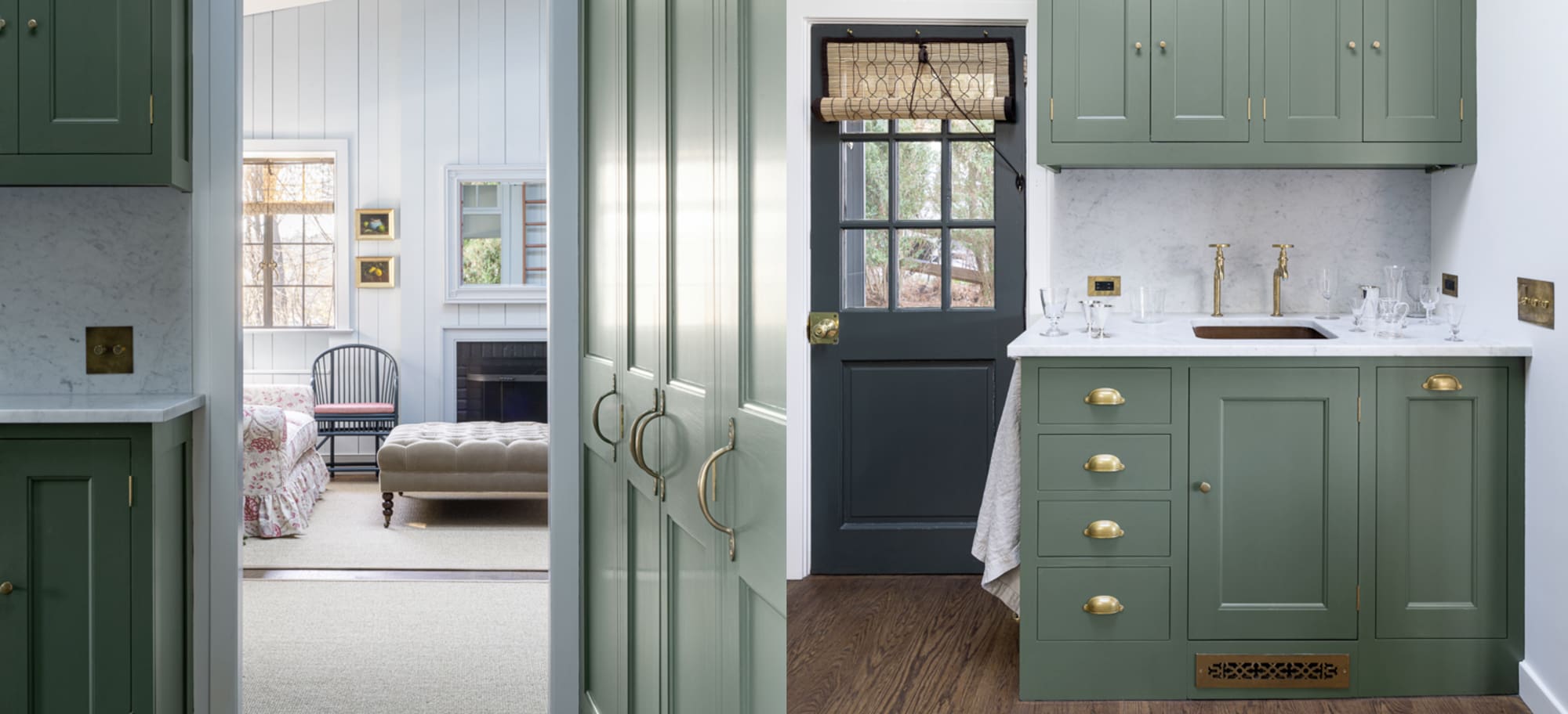  Green kitchen cabinetry with marble countertops, brass hardware, and a handmade copper sink.