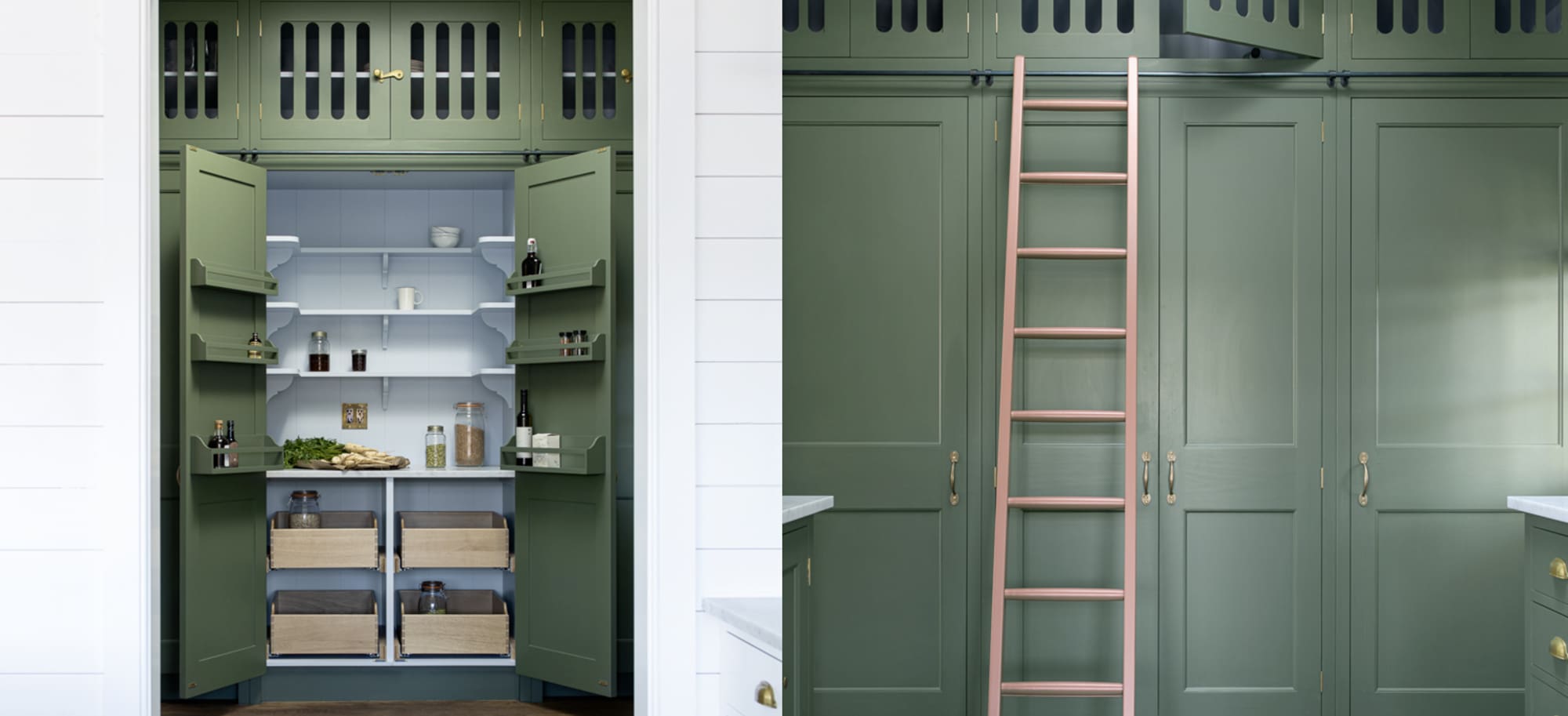  Green-painted pantry with open shelving, wooden storage drawers, and a pink ladder in a classic kitchen.