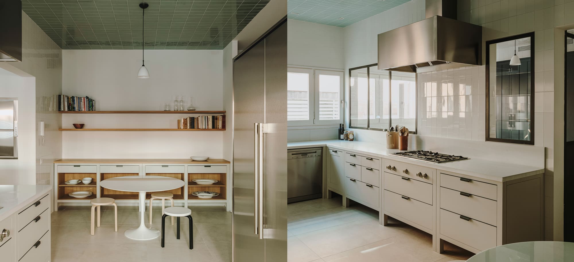  Dual view of kitchen featuring Osea cupboards, tiled ceiling, stainless steel appliances with open oak shelves and a dining area.