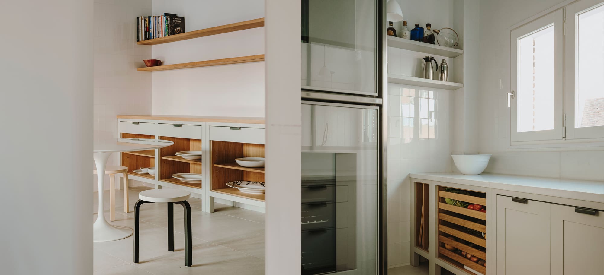  Dual photos of kitchen featuring open oak shelves and a dining nook alongside a utility space with vegetable storage.