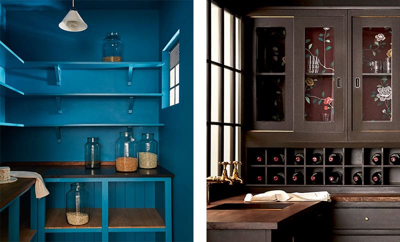Larder and wine storage area featuring tall, dark wood cabinetry with built-in wine racks, glass-fronted doors displaying wine bottles, and open shelving for additional storage.