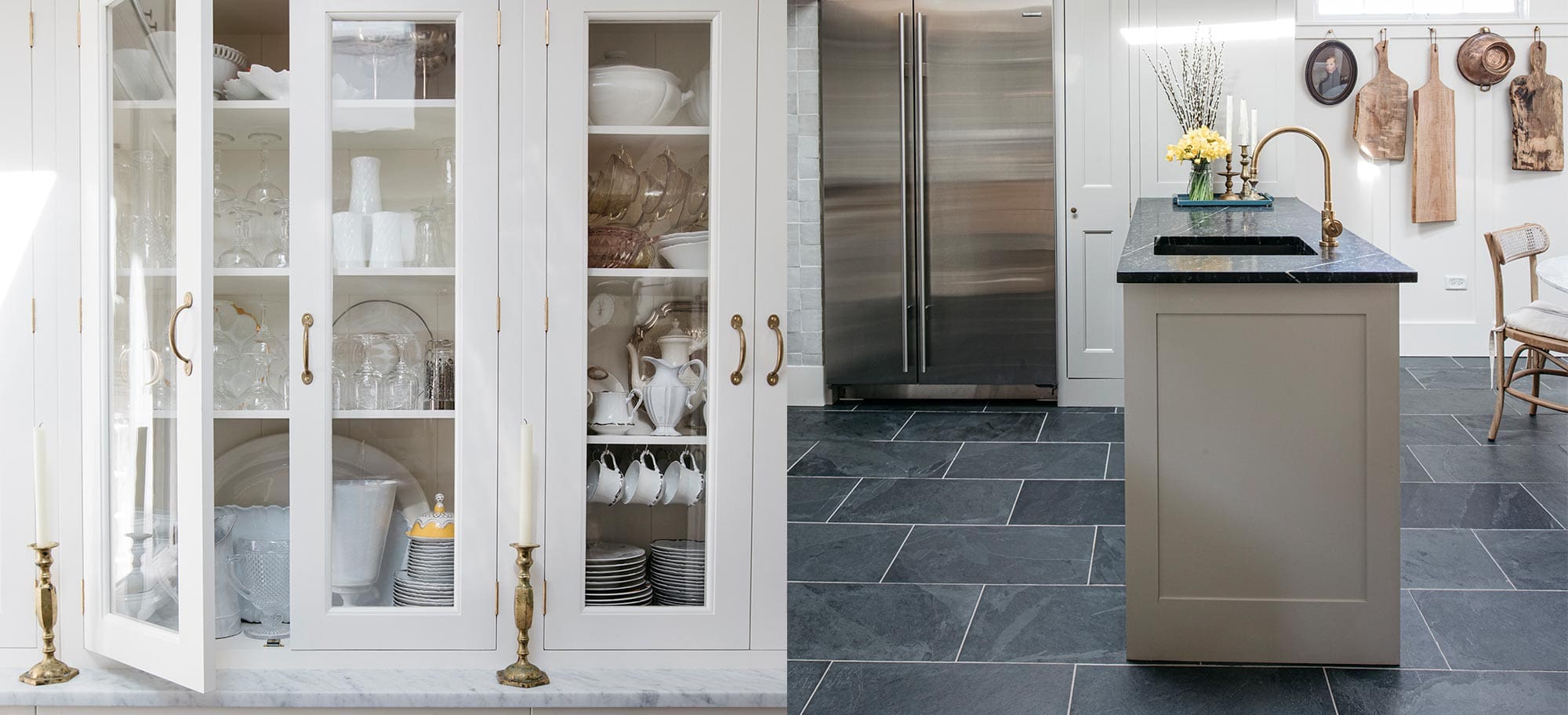  Close-up view of a kitchen island in a Provincetown home, showcasing the natural wood finish, bespoke design, and integrated storage solutions by Plain English.