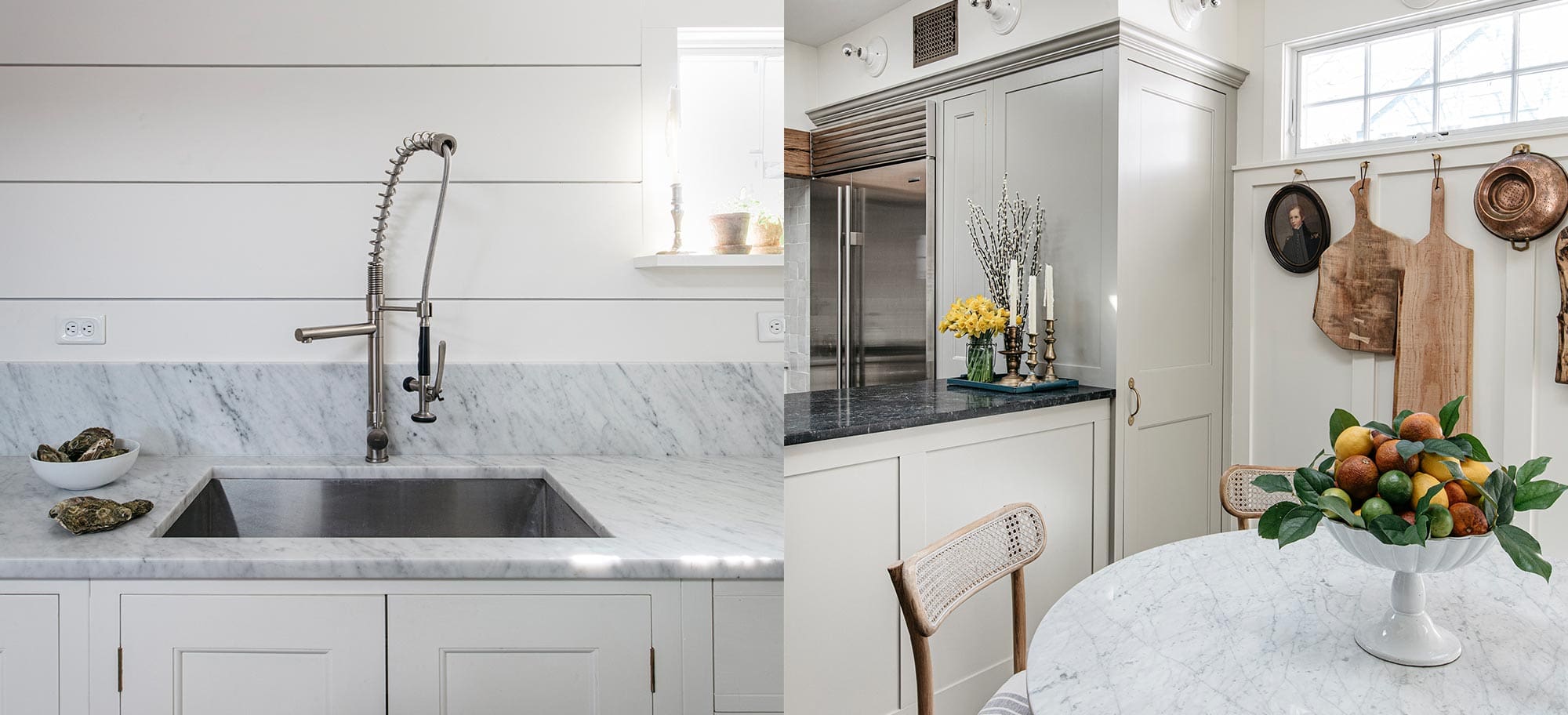  Marble farmhouse sink in a Provincetown kitchen, framed by custom cabinetry and wood accents, exemplifying Plain English's bespoke design and craftsmanship.