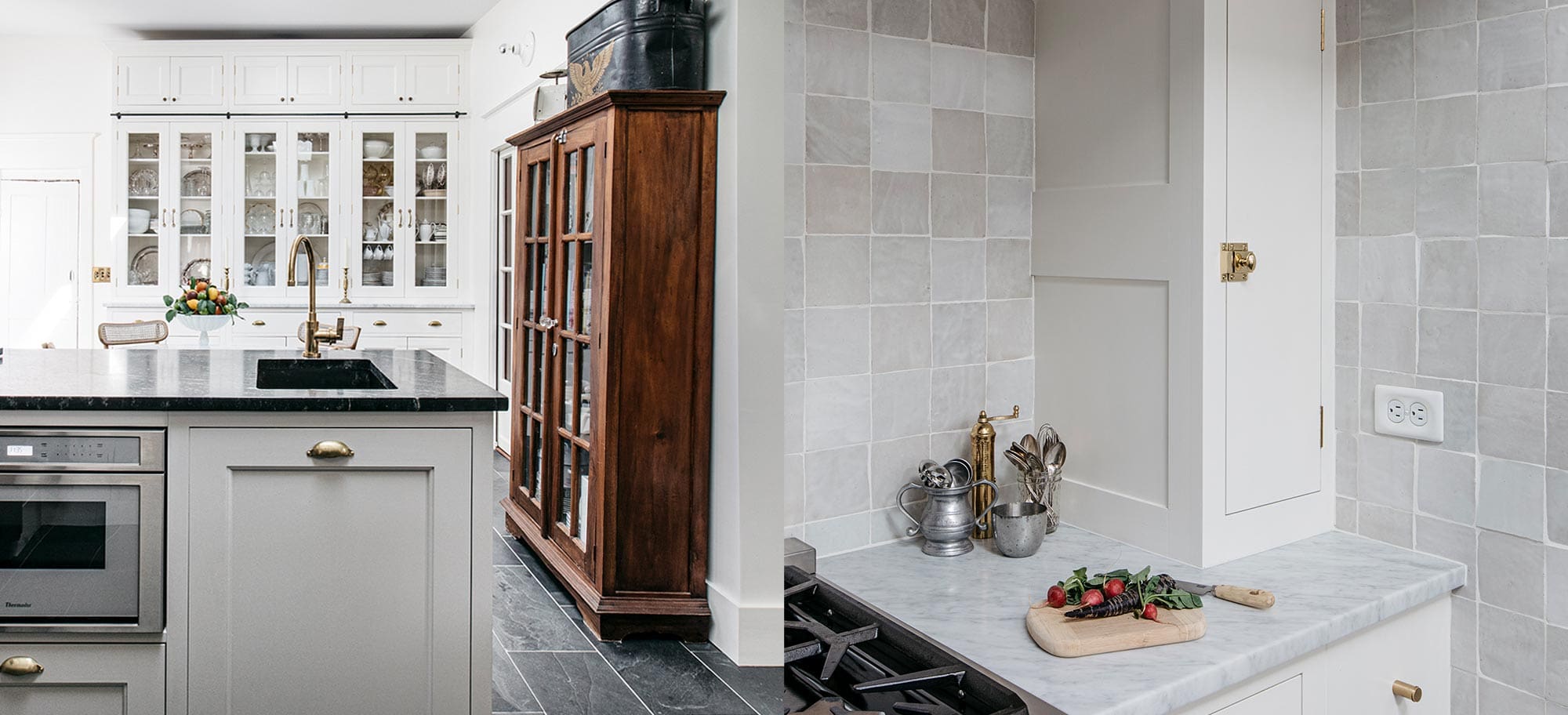 Close-up of bespoke cabinetry detail in a Provincetown kitchen by Plain English, highlighting the handcrafted woodwork, natural finish, and intricate design elements.