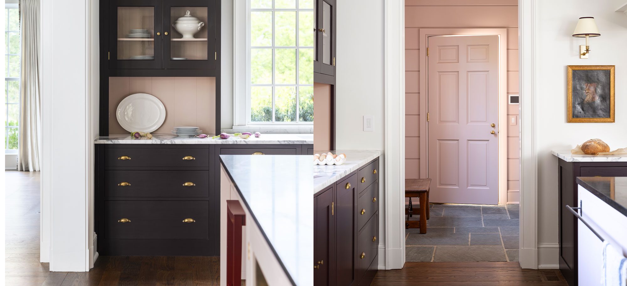  Dual View of Burnt Toast coloured cupboard with dishes and Silver Polish Coloured entryway designed by Plain English