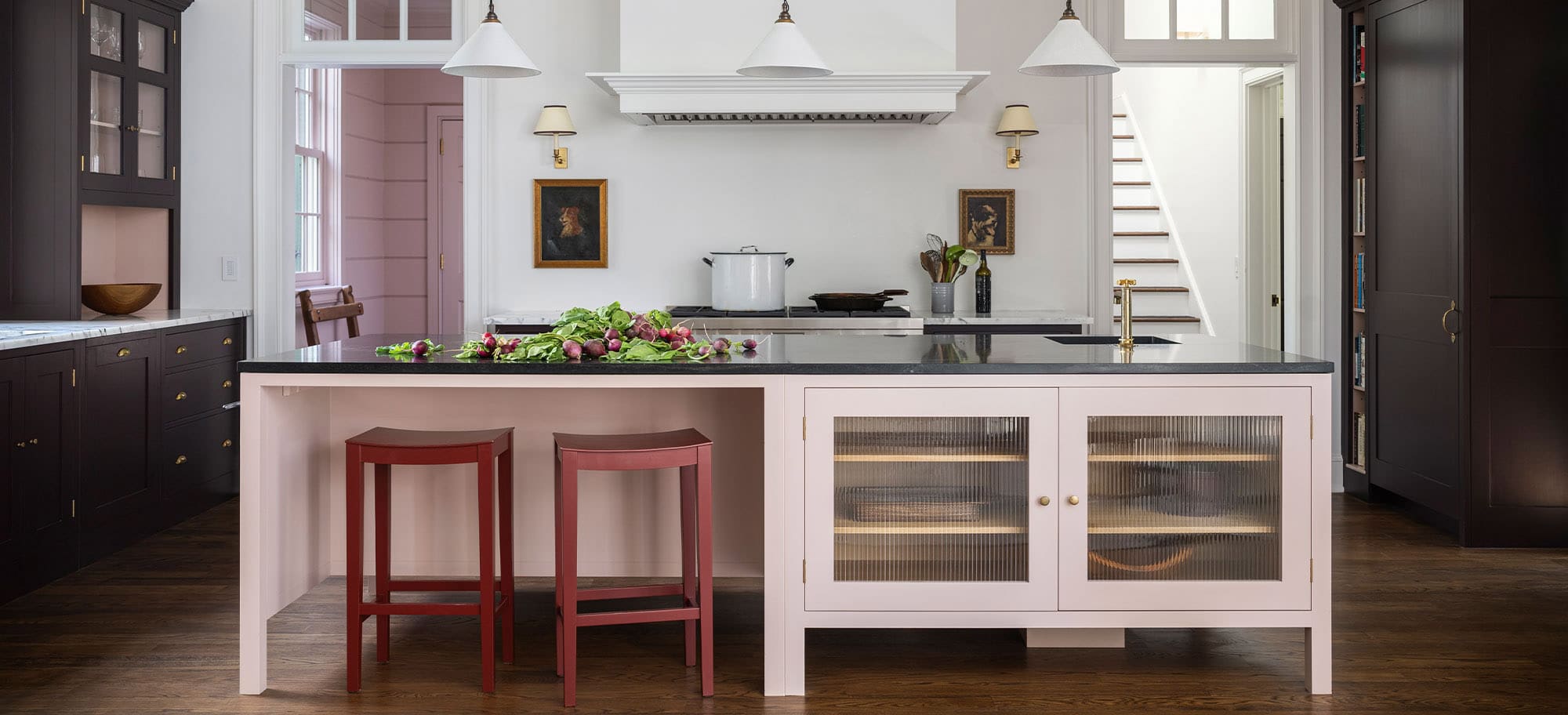  Burnt Toast coloured kitchen cupboards with white and stone kitchen island