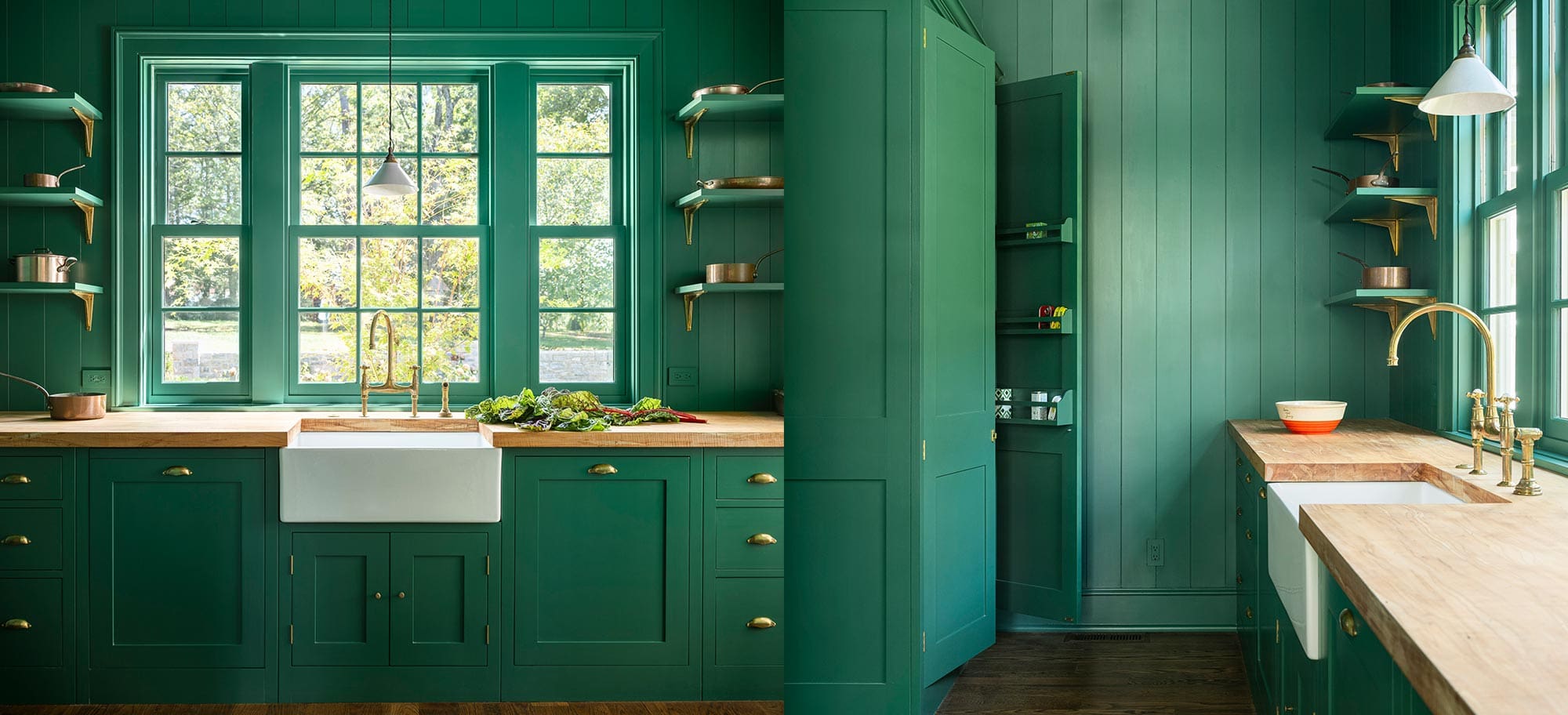  Dual view of Sprouts Green coloured kitchen and cupboard with wood countertops designed by Plain English