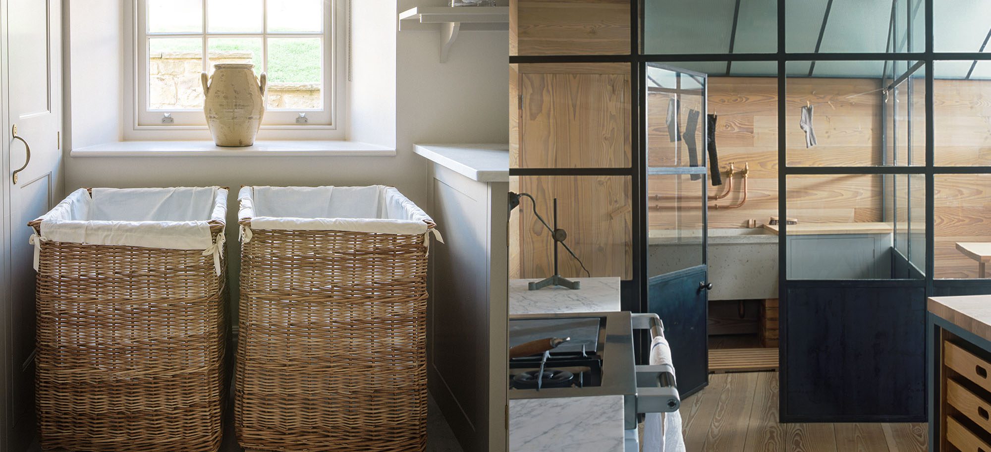 Custom laundry room design with wicker baskets between white cabinetry and black windowed doors. 