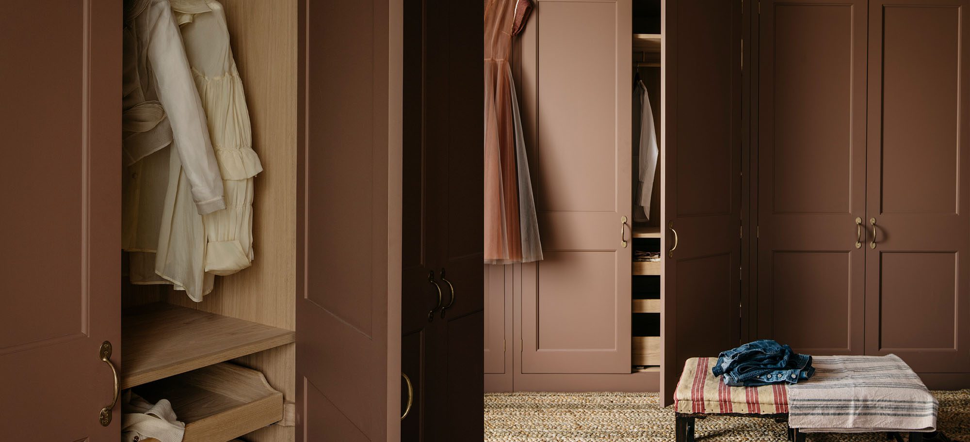 Custom designed dressing room with open brown wardrobes. 