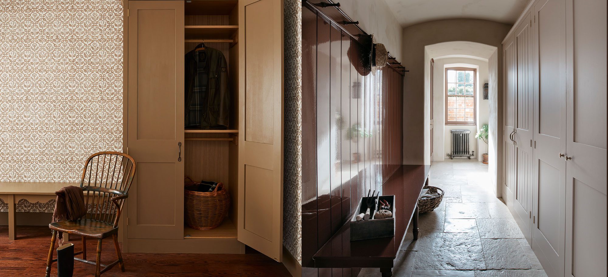Hallway and mudroom, featuring earth tones and custom cabinetry throughout. 