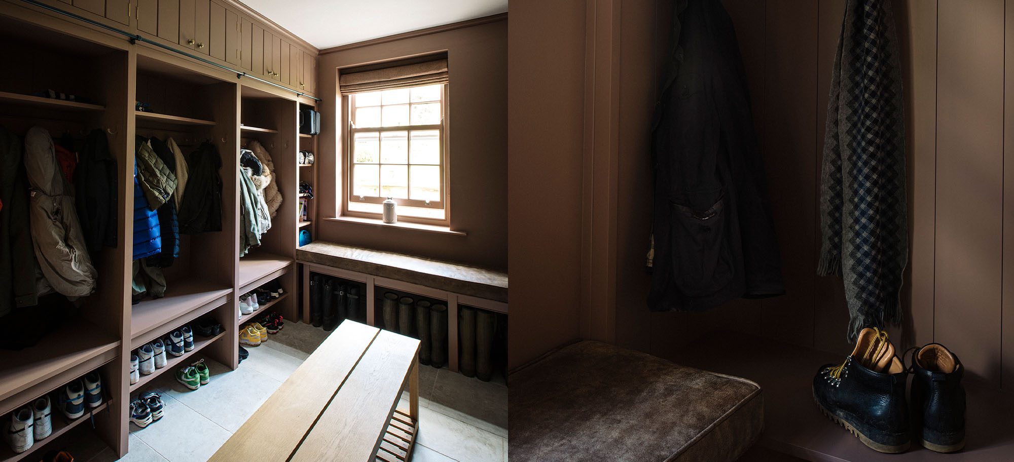 Split image of a custom designed mudroom to the left, with open closet and storage space, and a clost up of a custom cabinet to the right. 