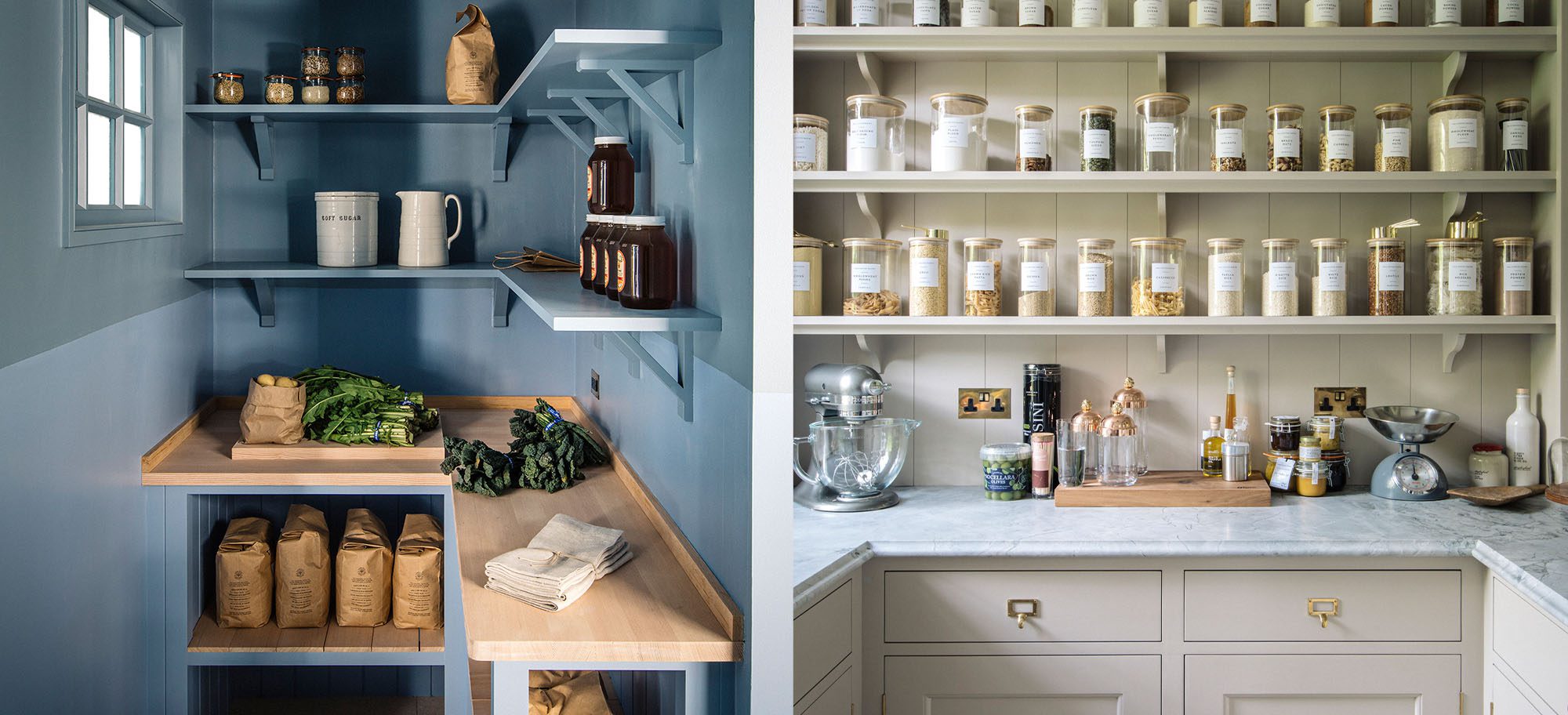 Split image with a custom blue-shelved pantry to the left and a light beige-shelved pantry to the right. 
