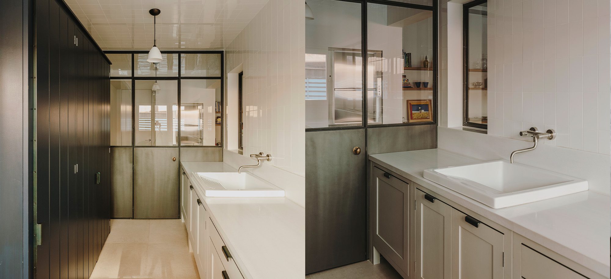 Split image with dark blue custom cabinets on the left and a standing black tub inside windowed doors to the right. 