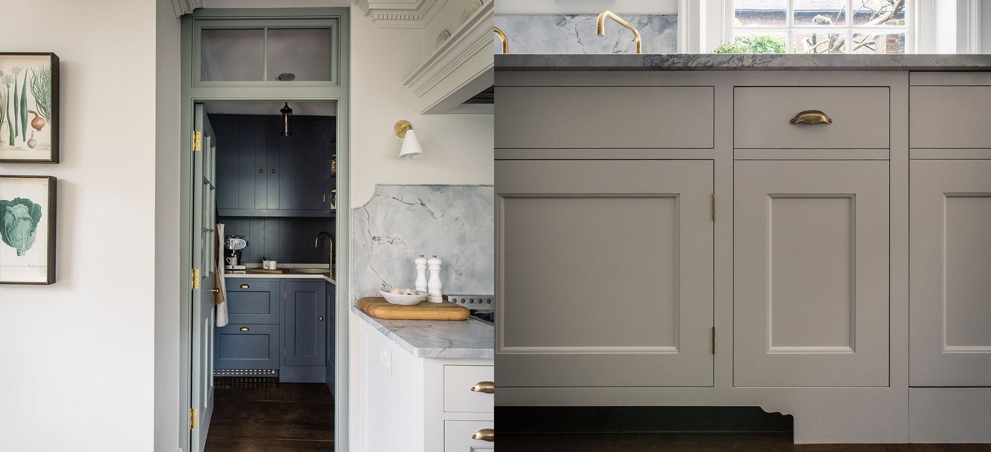  Custom kitchen with Bianco Eclipsia marble counters, Spitalfields cupboards, and antique brass hardware.