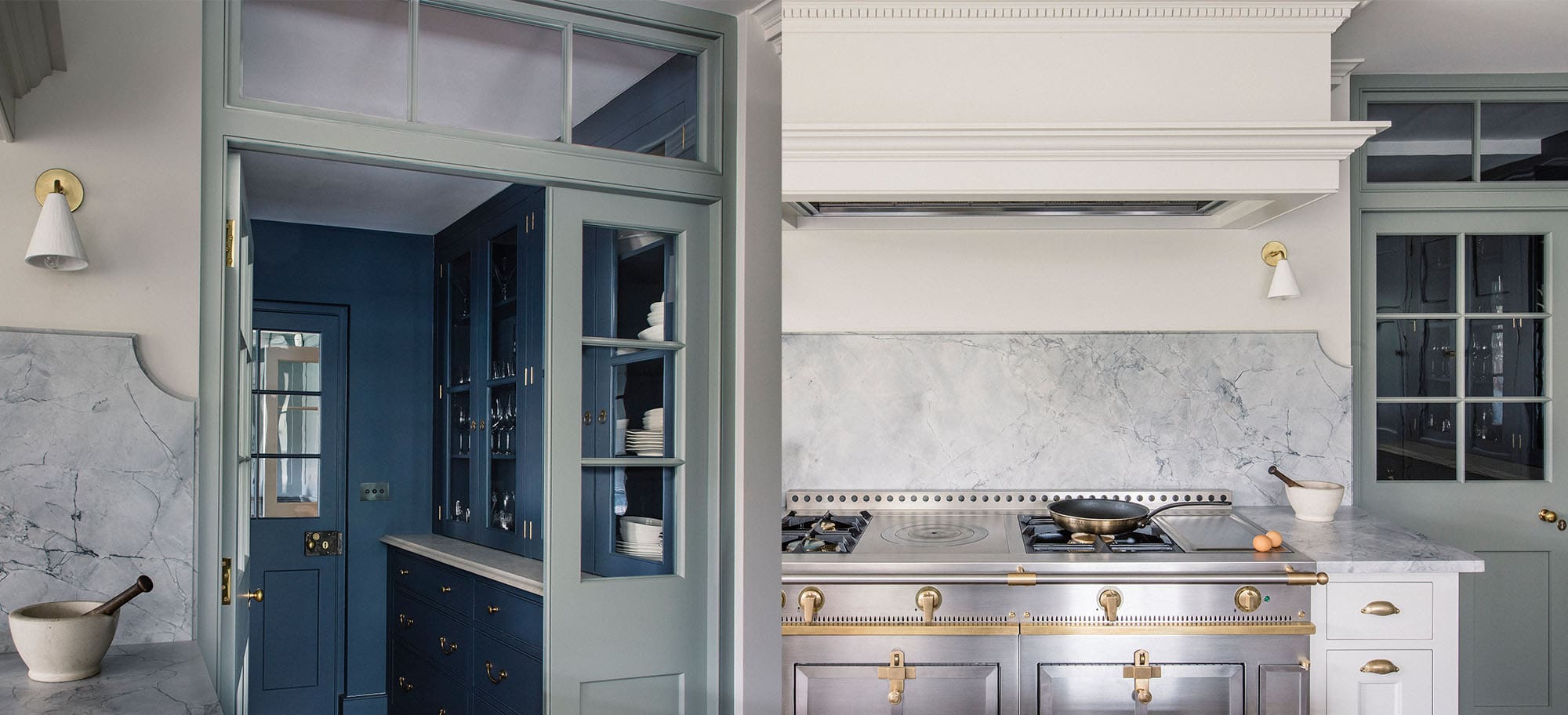  Walled Garden House kitchen with glazed pantry doors, grey stone worktops, and brass accents.