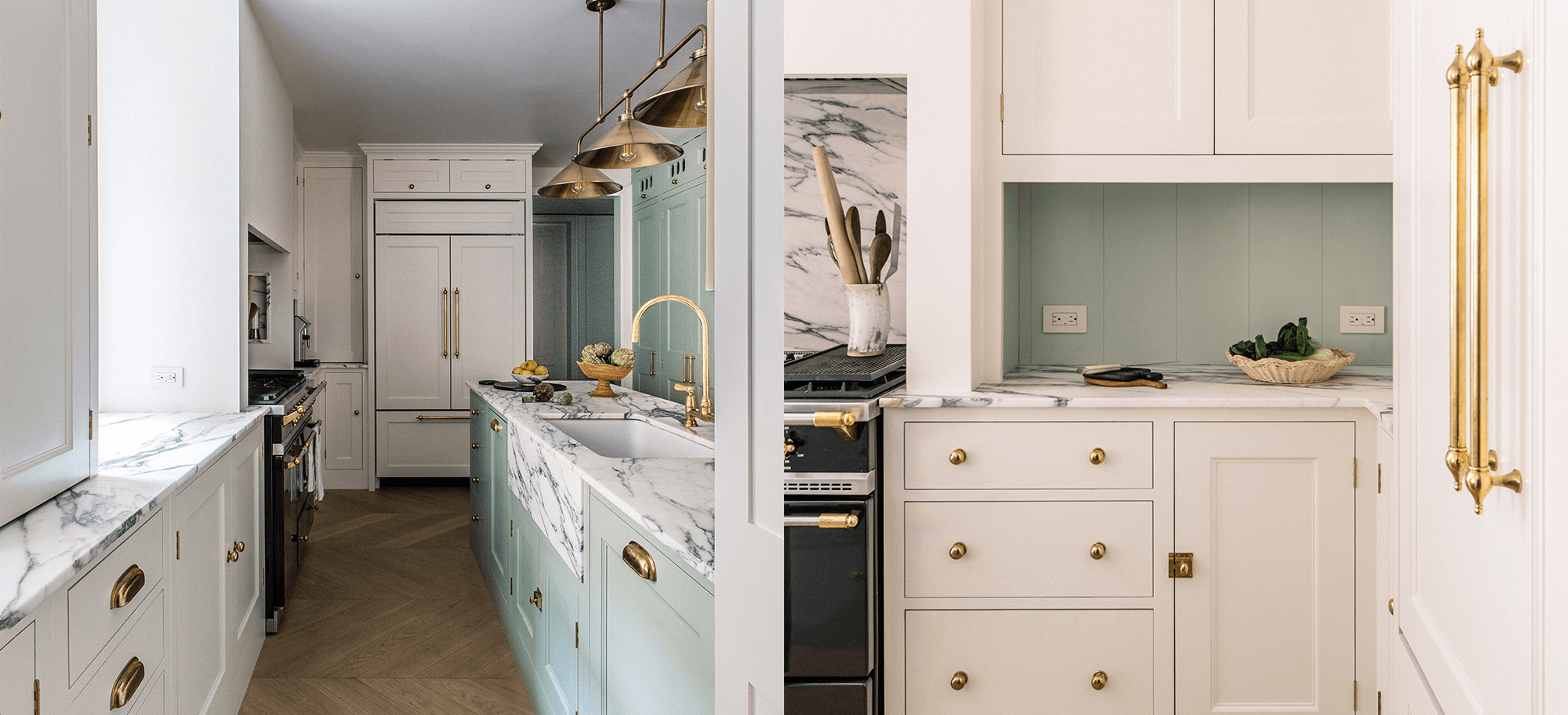  Classic bespoke kitchen in Mahattan with green drawers and marble countertops