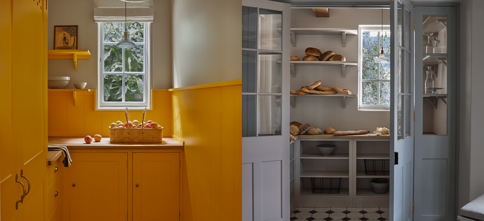  Dual view of a yellow kitchen with a basket of apples and open shelving and a pantry with shelves stocked with bread and glass storage jars.