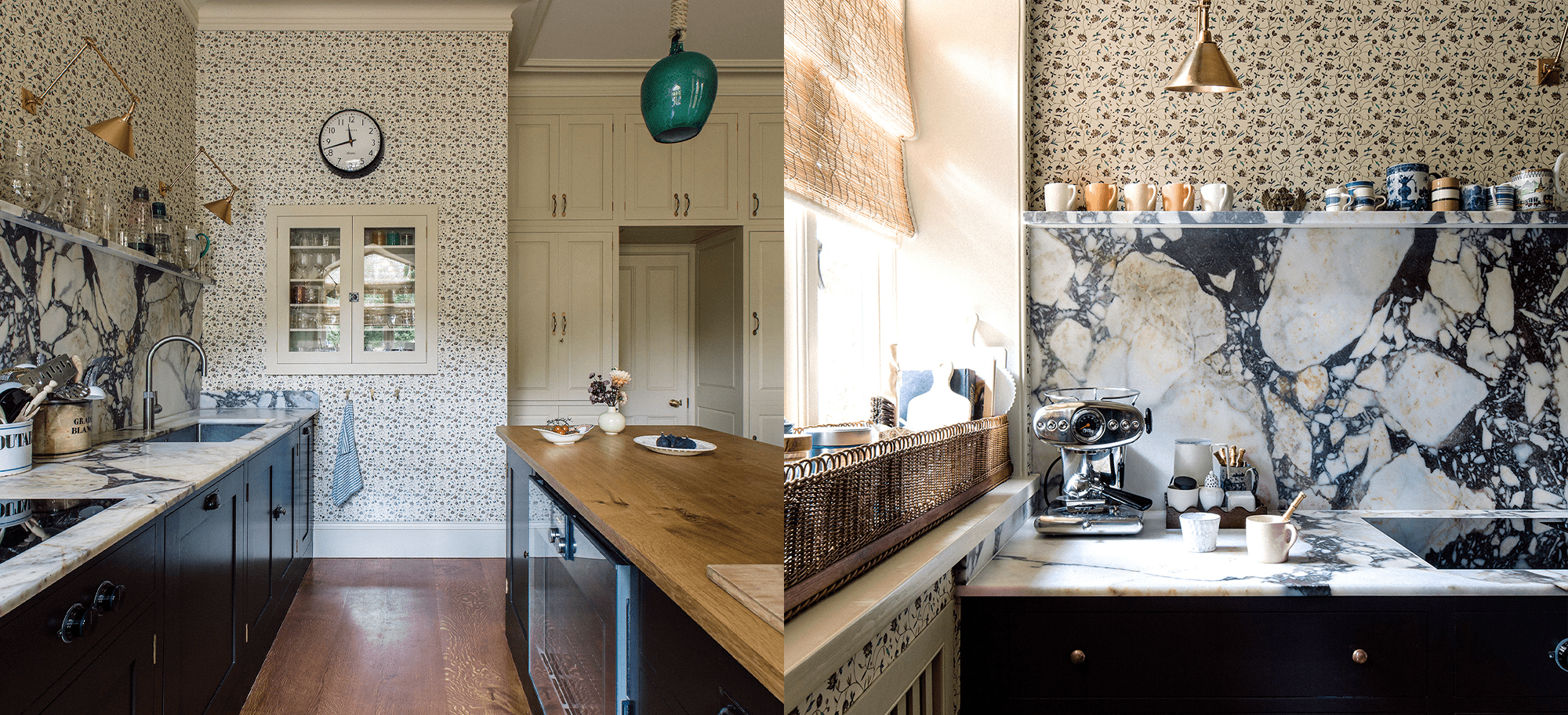  Dual view of kitchen with floral wallpaper, Calacatta Viola marble worktops, brass wall lamps, and oak countertops.