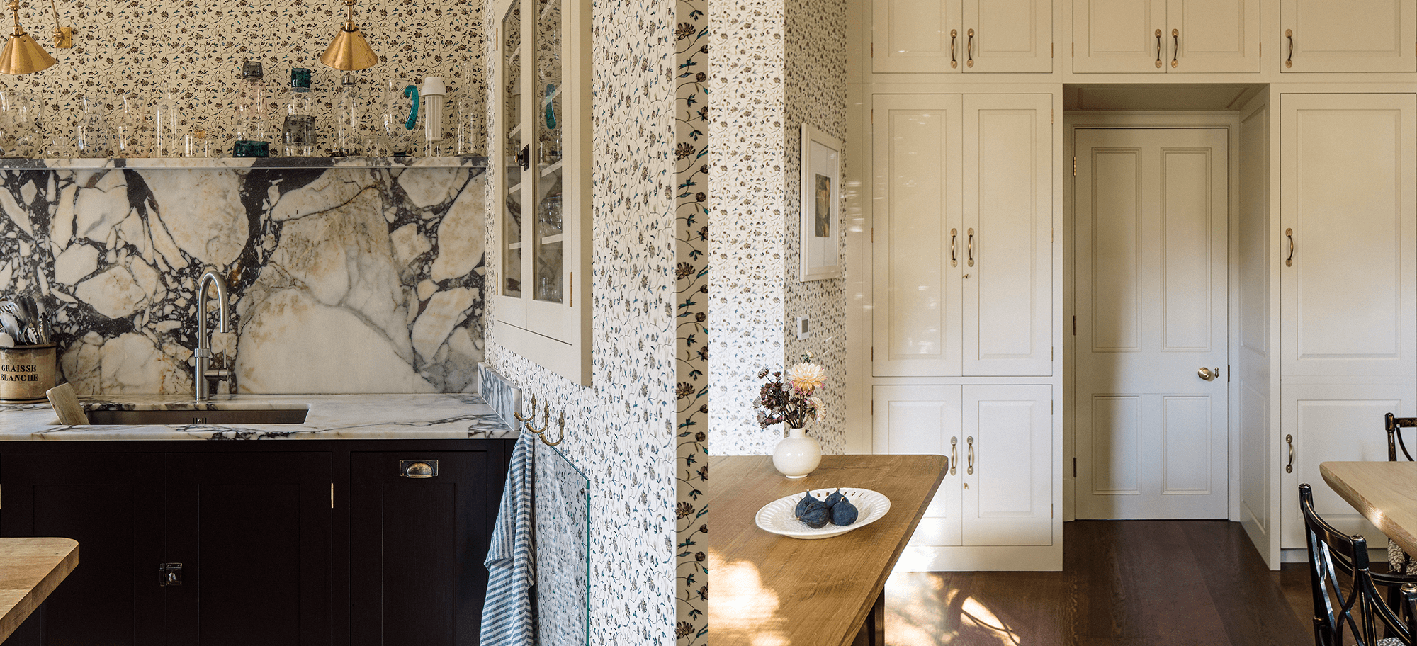  Dual view of kitchen with dark brown cabinetry, Calacatta Viola marble backsplash, brass wall lamps, and floor to ceiling cabinetry.