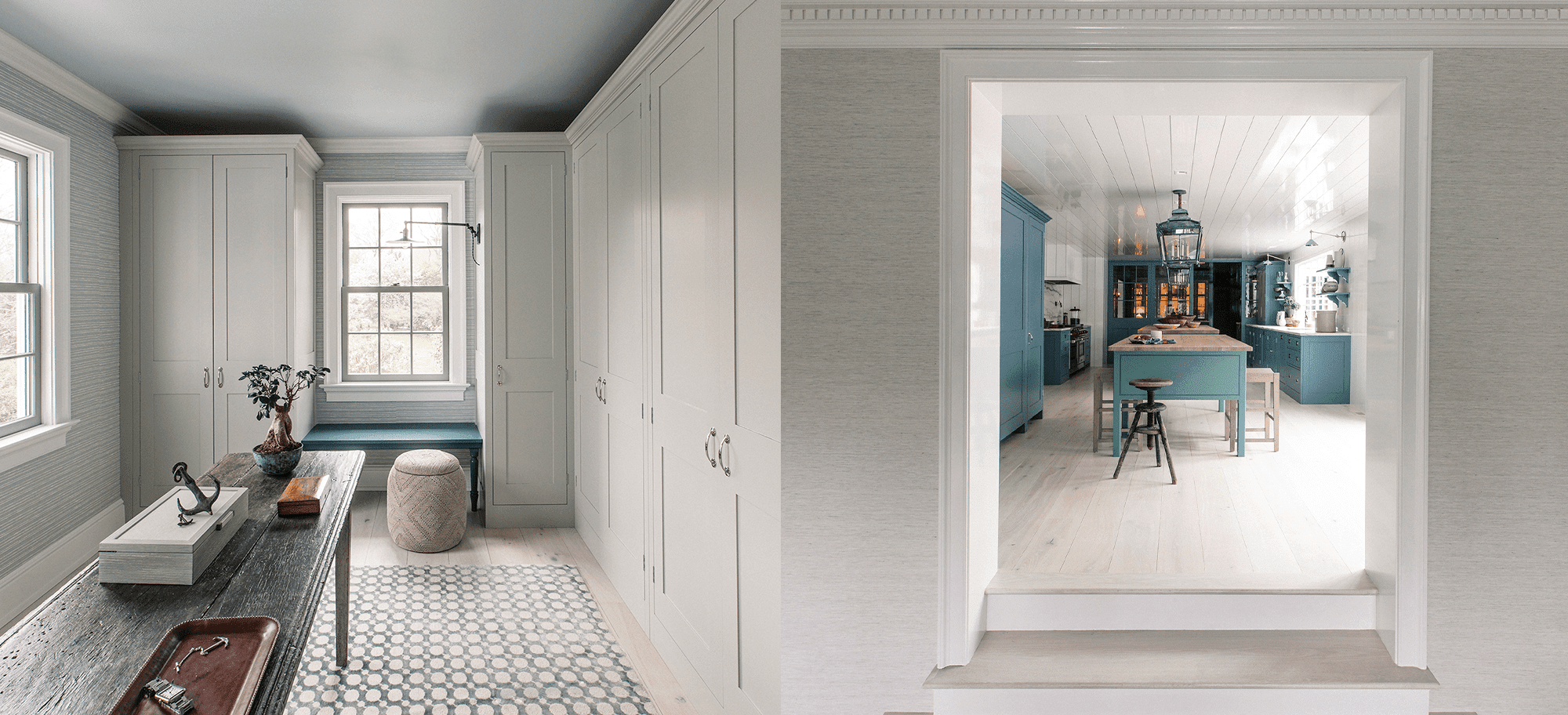  Bespoke cabinetry in soft white and teal, featuring custom storage solutions and elegant design by Plain English.