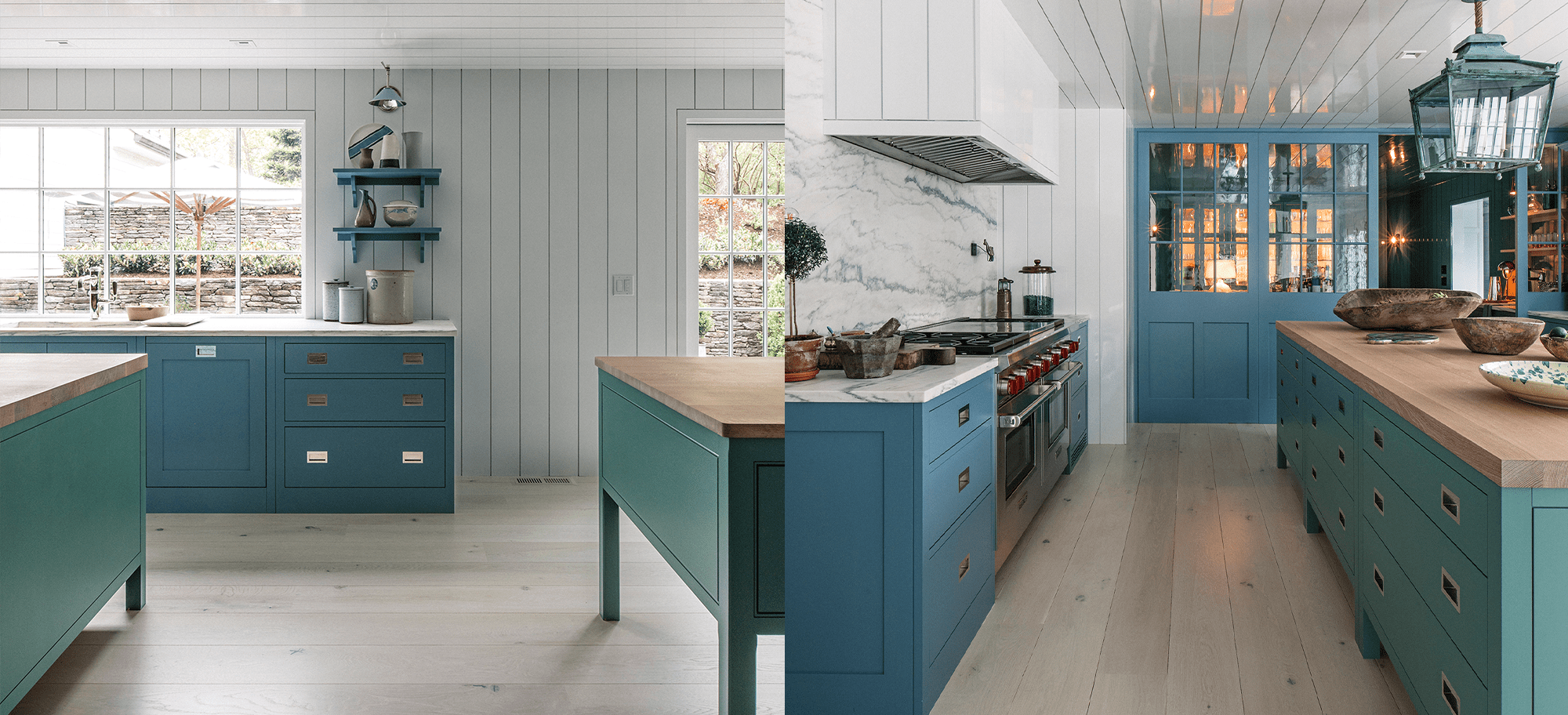  Bespoke cabinets in teal and blue with custom wood countertops, featuring elegant hardware and spacious design.